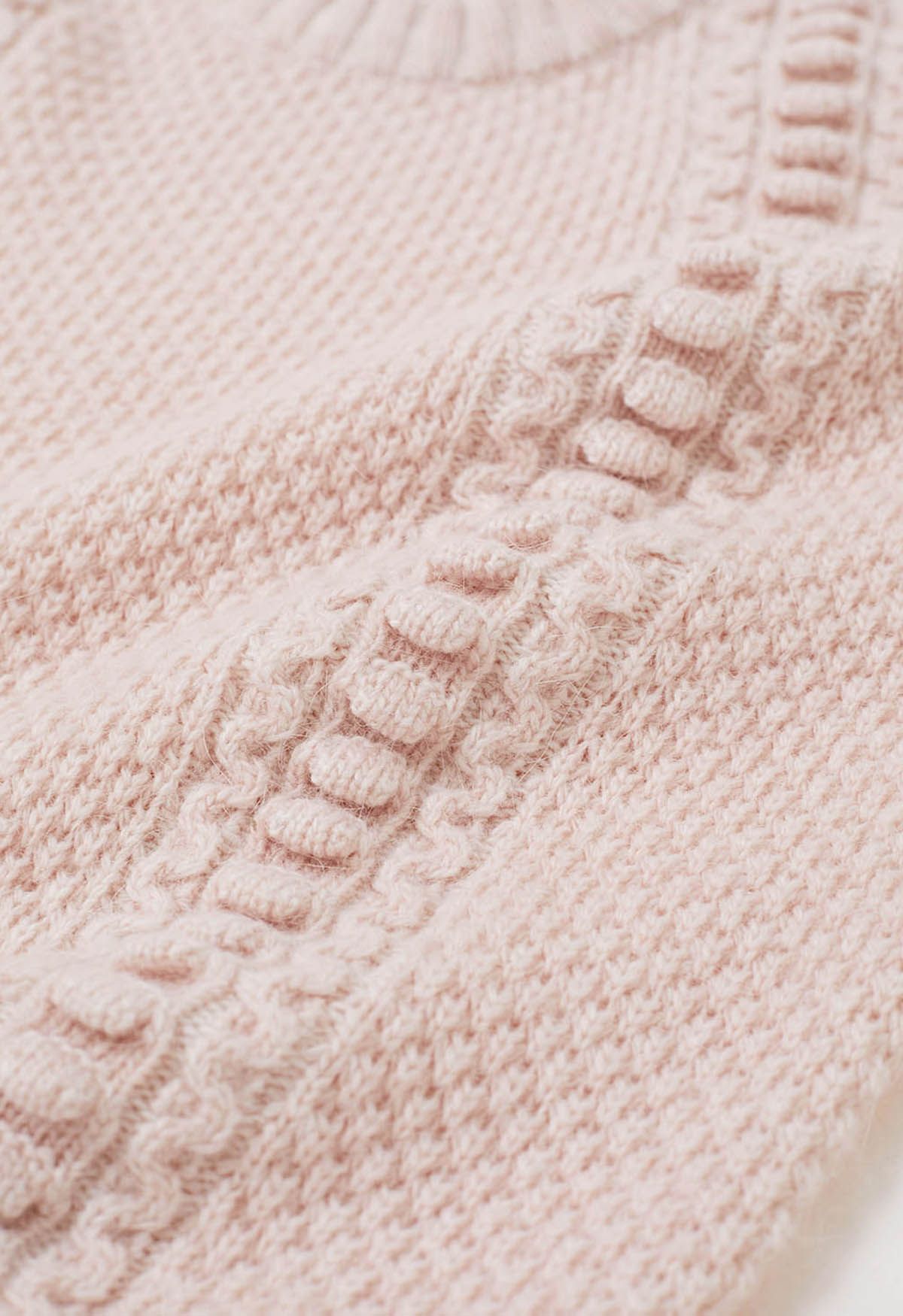 Embossed Texture Puff Sleeve Knit Sweater in Pink