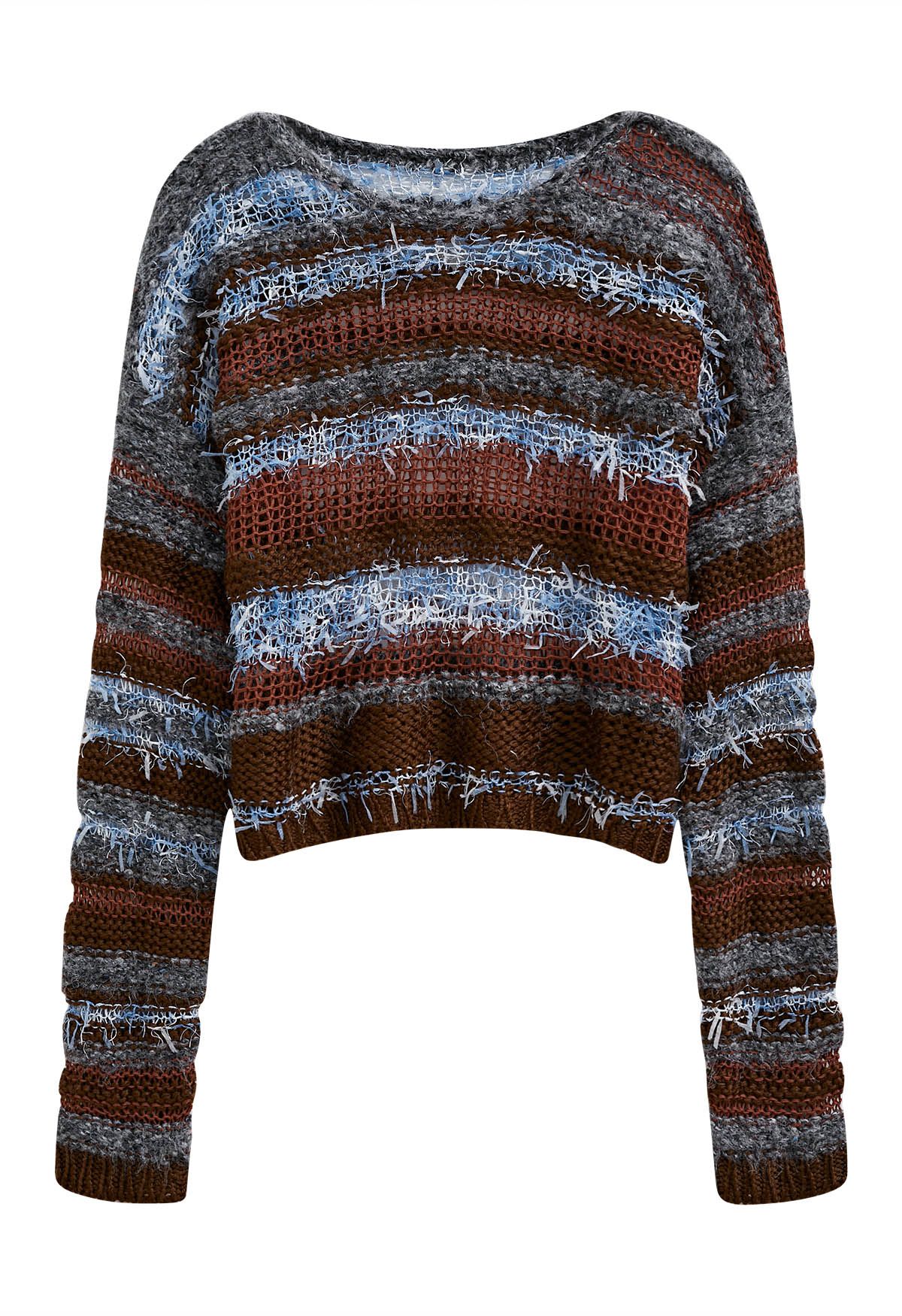 Multicolored Stripe Pointelle Fringed Knit Sweater in Burgundy