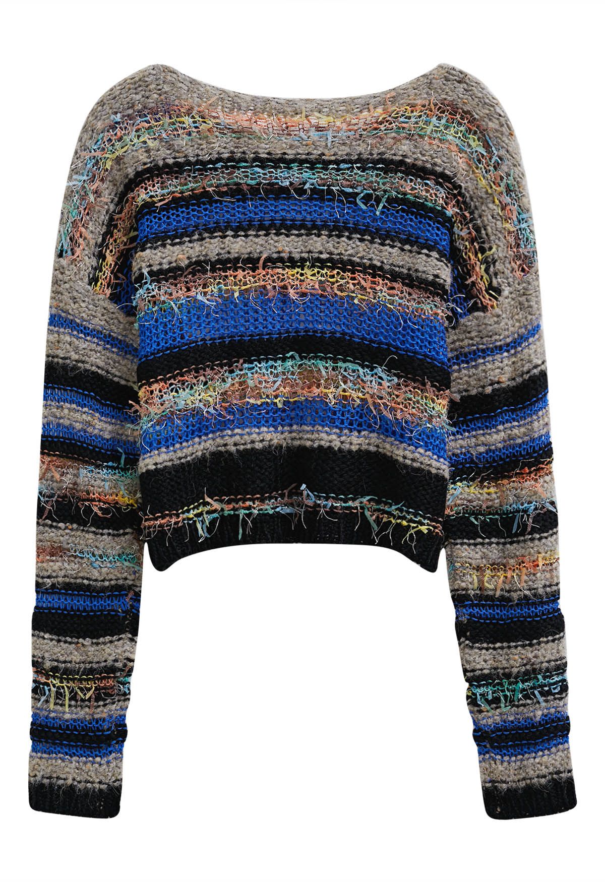 Multicolored Stripe Pointelle Fringed Knit Sweater in Black