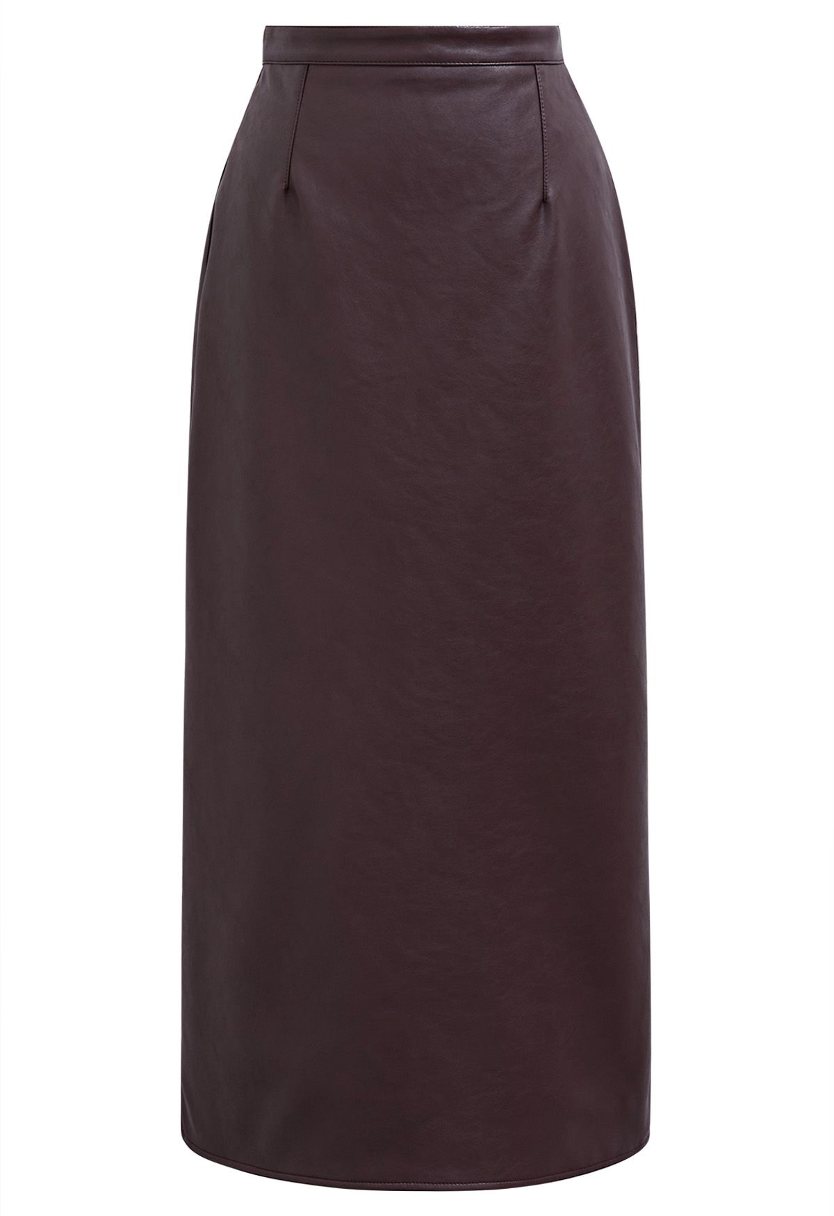 Smooth Silhouette Faux Leather Split Maxi Skirt in Burgundy