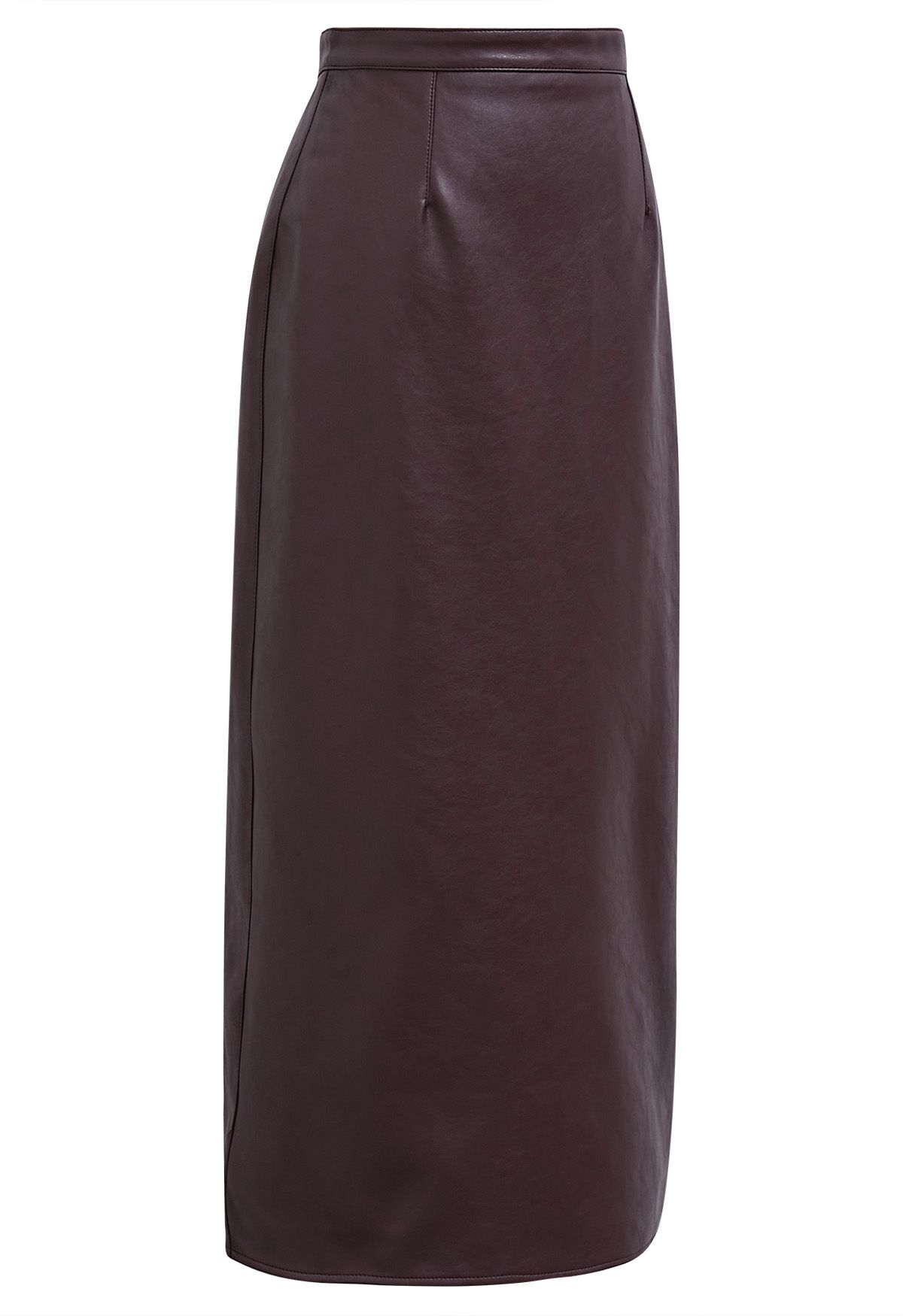 Smooth Silhouette Faux Leather Split Maxi Skirt in Burgundy