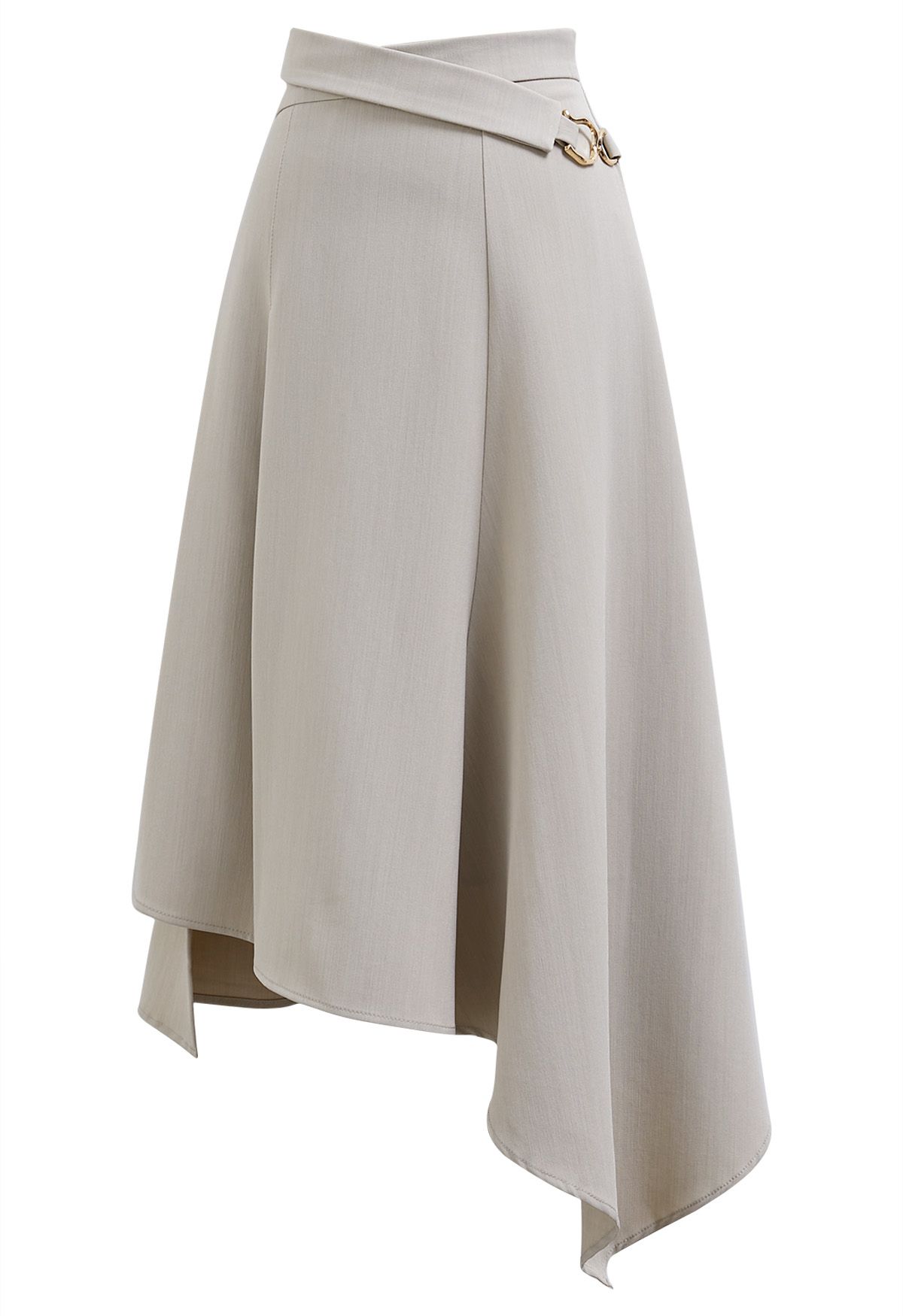 Belt Trim Asymmetry Flowy Midi Skirt in Ivory