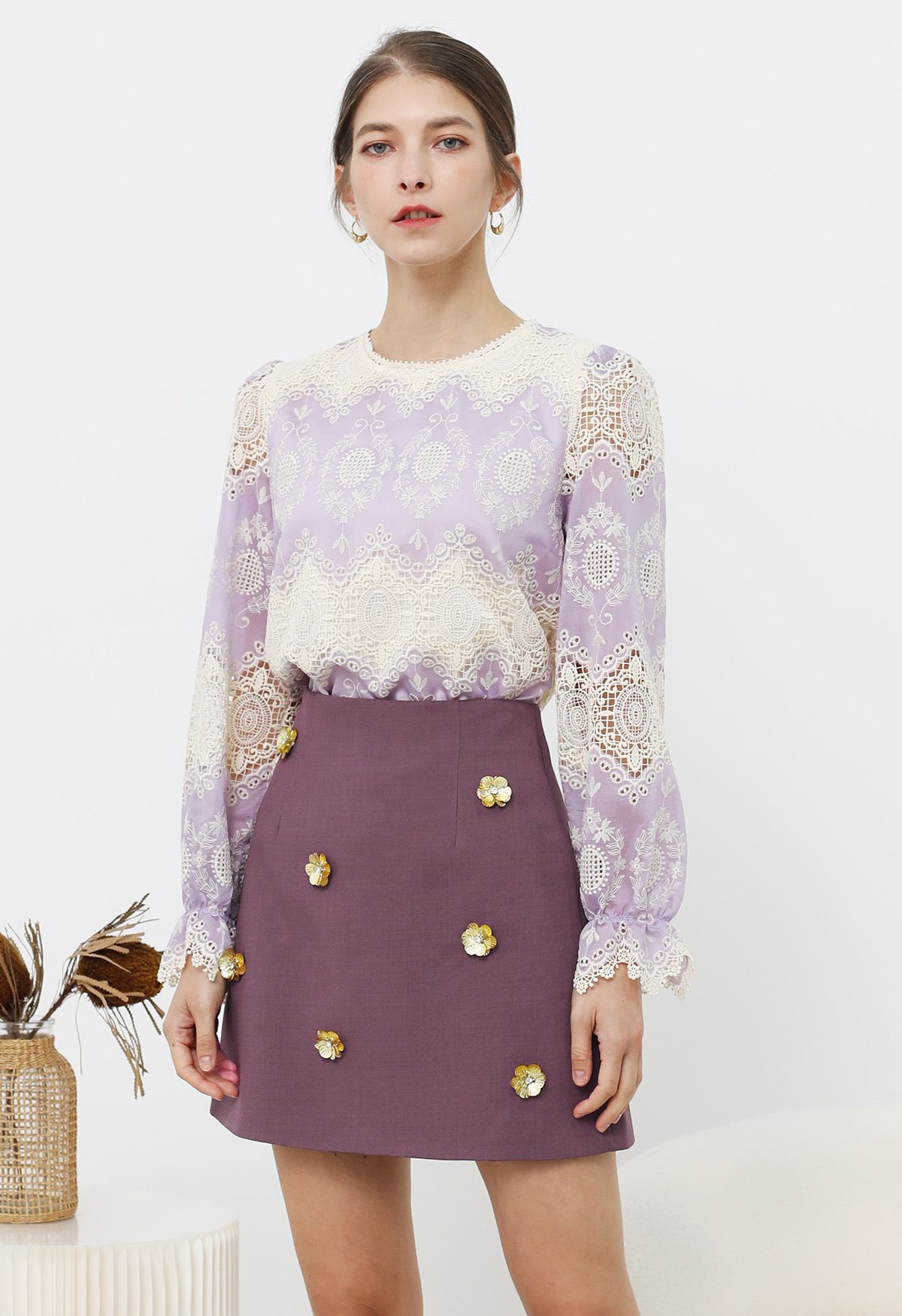 3D Golden Flower Embellished Mini Skirt in Violet