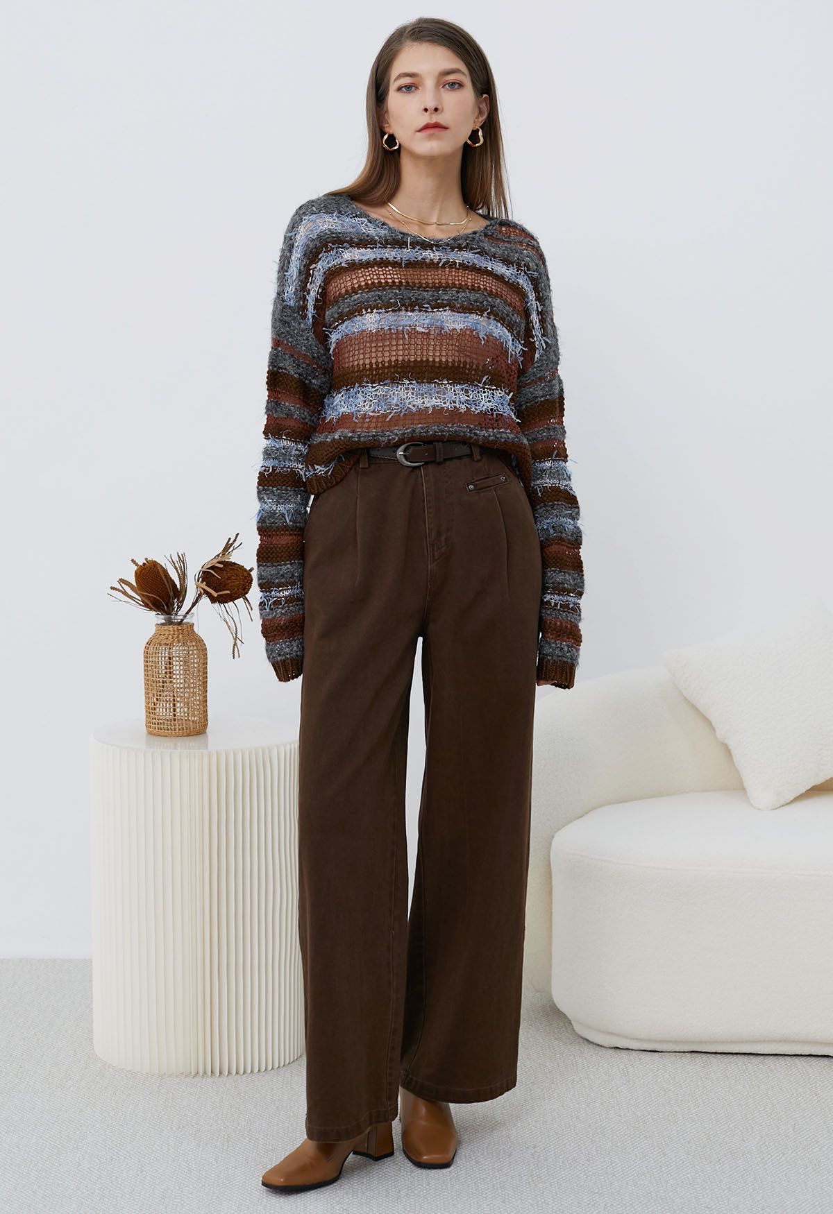 Multicolored Stripe Pointelle Fringed Knit Sweater in Burgundy