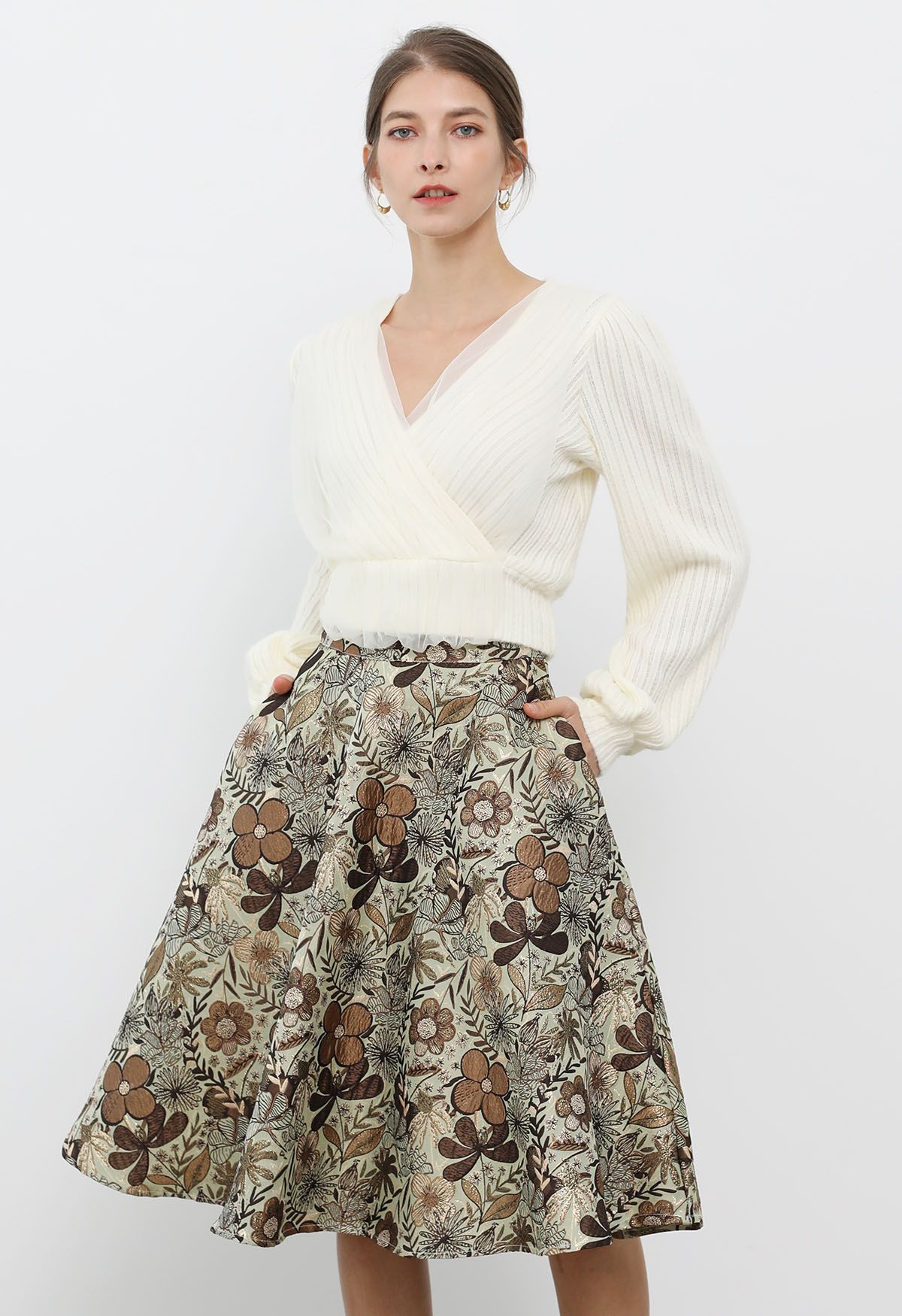 Antique Floral Jacquard A-Line Skirt