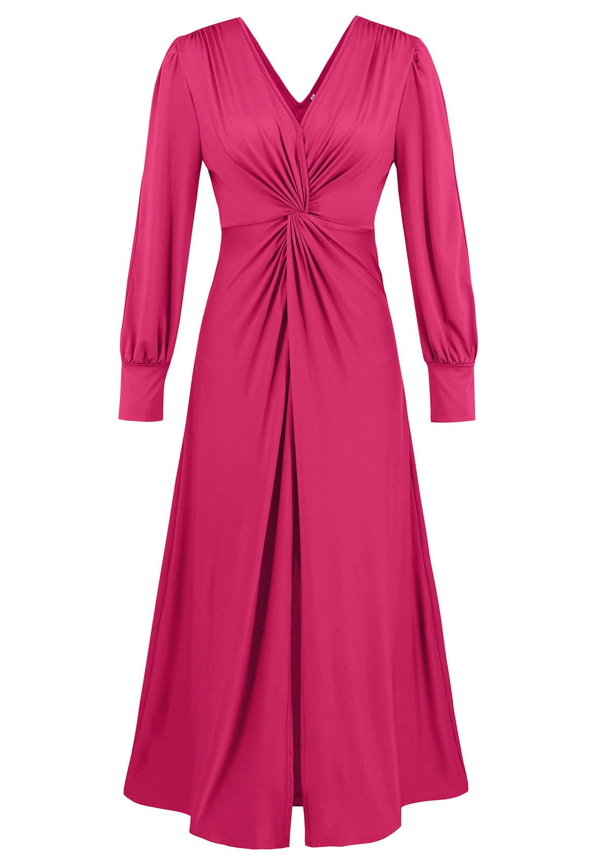 Twist Front V-Neck Cutout Sleeve Maxi Dress in Hot Pink