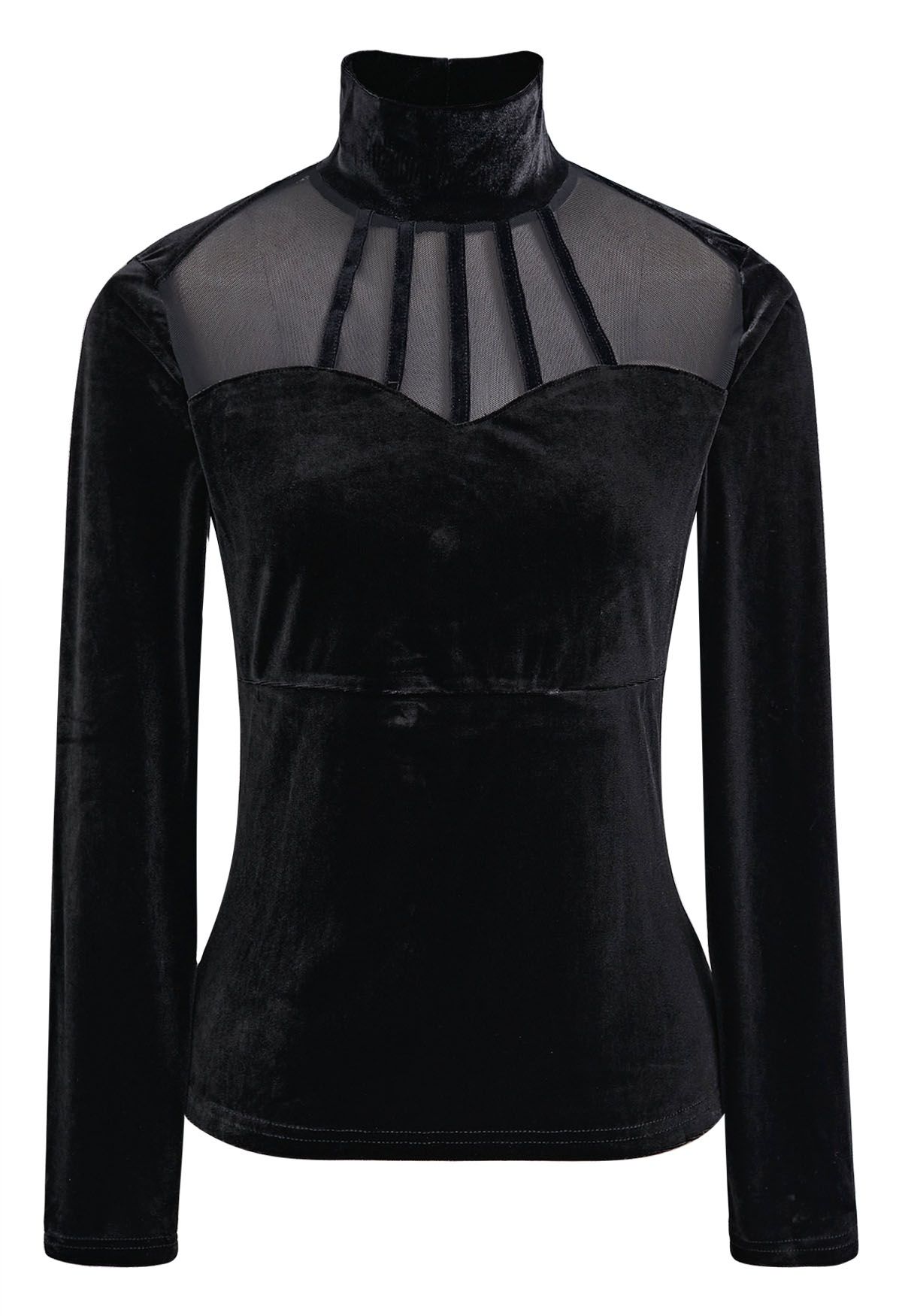 Mock Neck Mesh Spliced Velvet Top