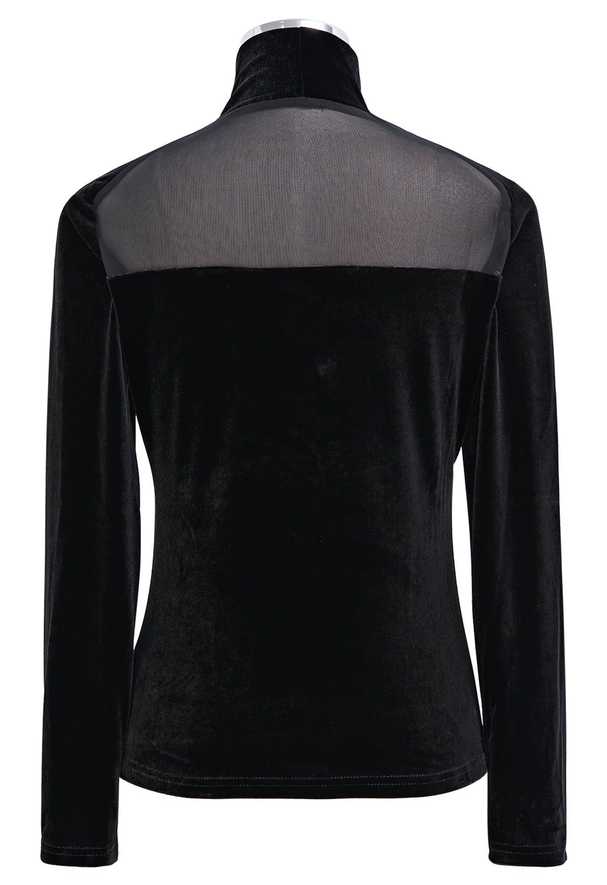 Mock Neck Mesh Spliced Velvet Top