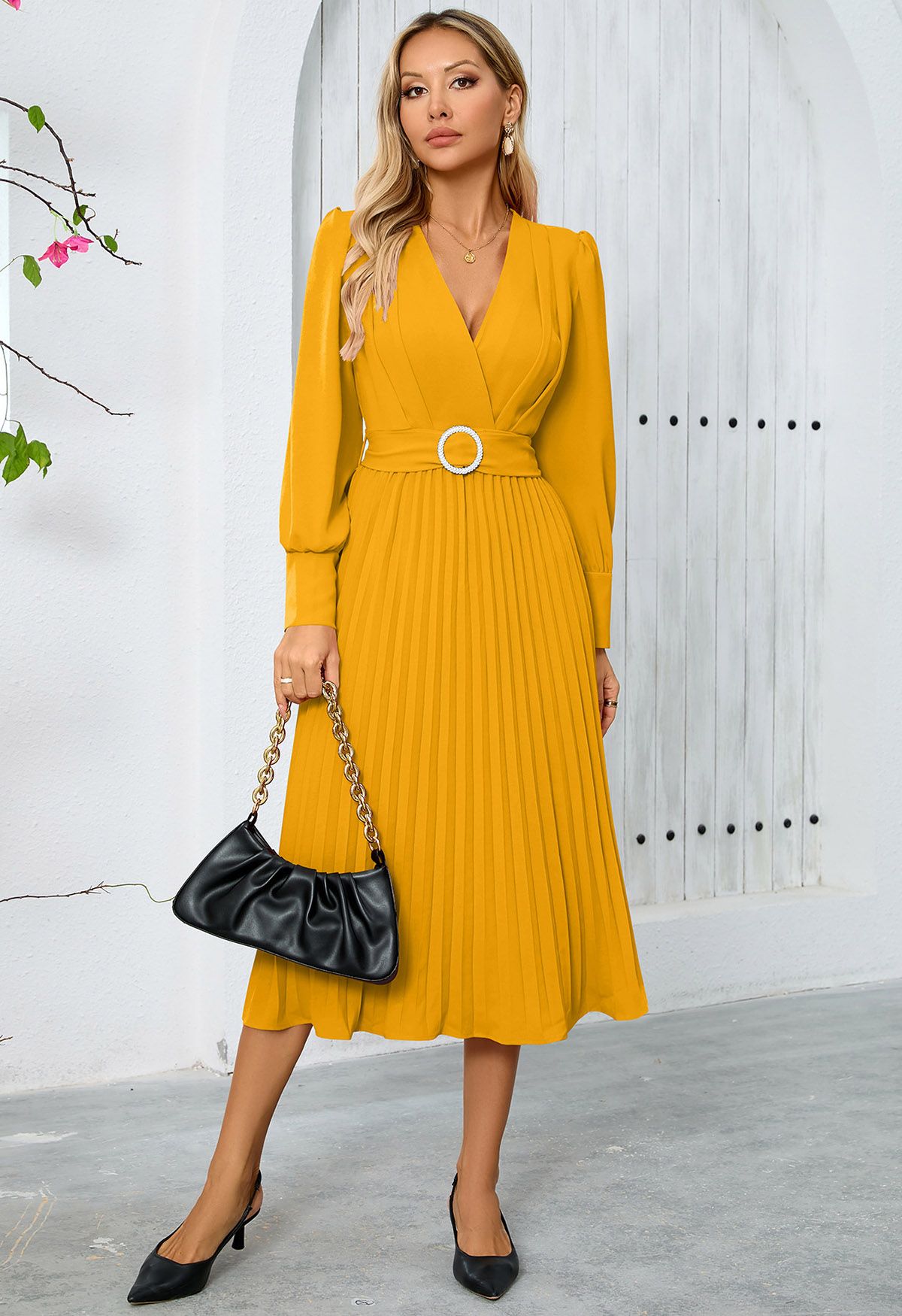 Graceful Pleats Faux-Wrap Belted Midi Dress in Yellow