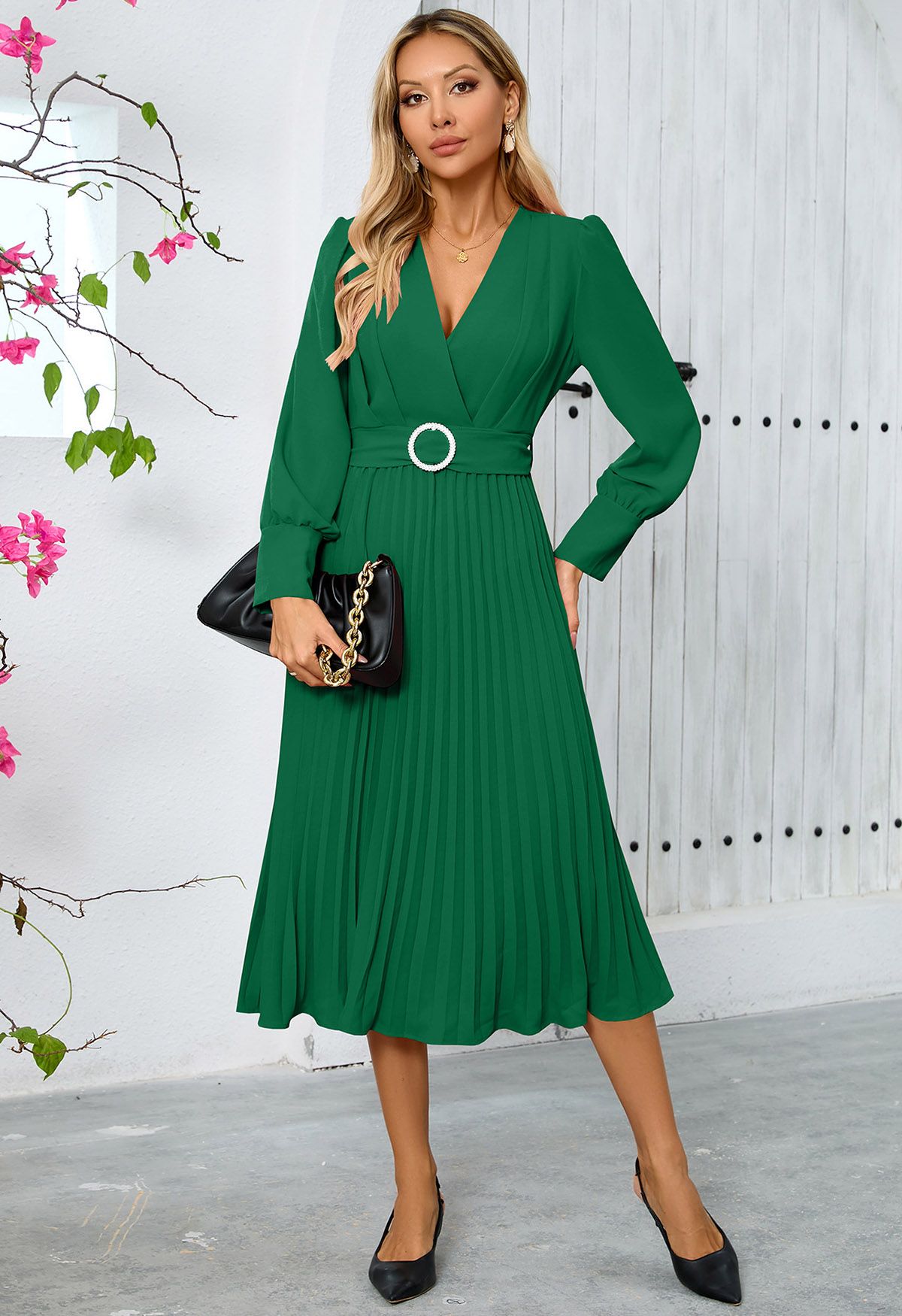 Graceful Pleats Faux-Wrap Belted Midi Dress in Green