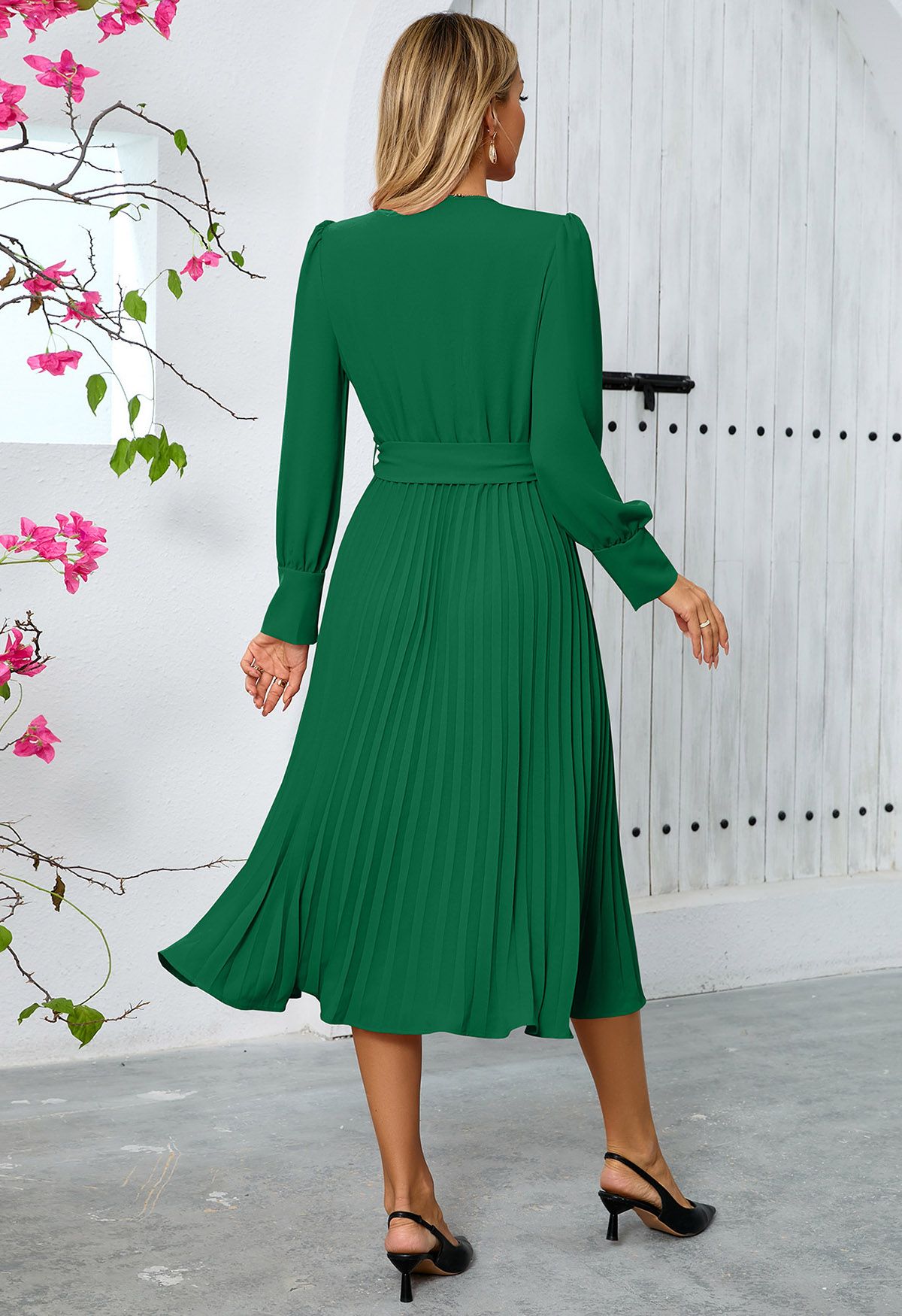 Graceful Pleats Faux-Wrap Belted Midi Dress in Green