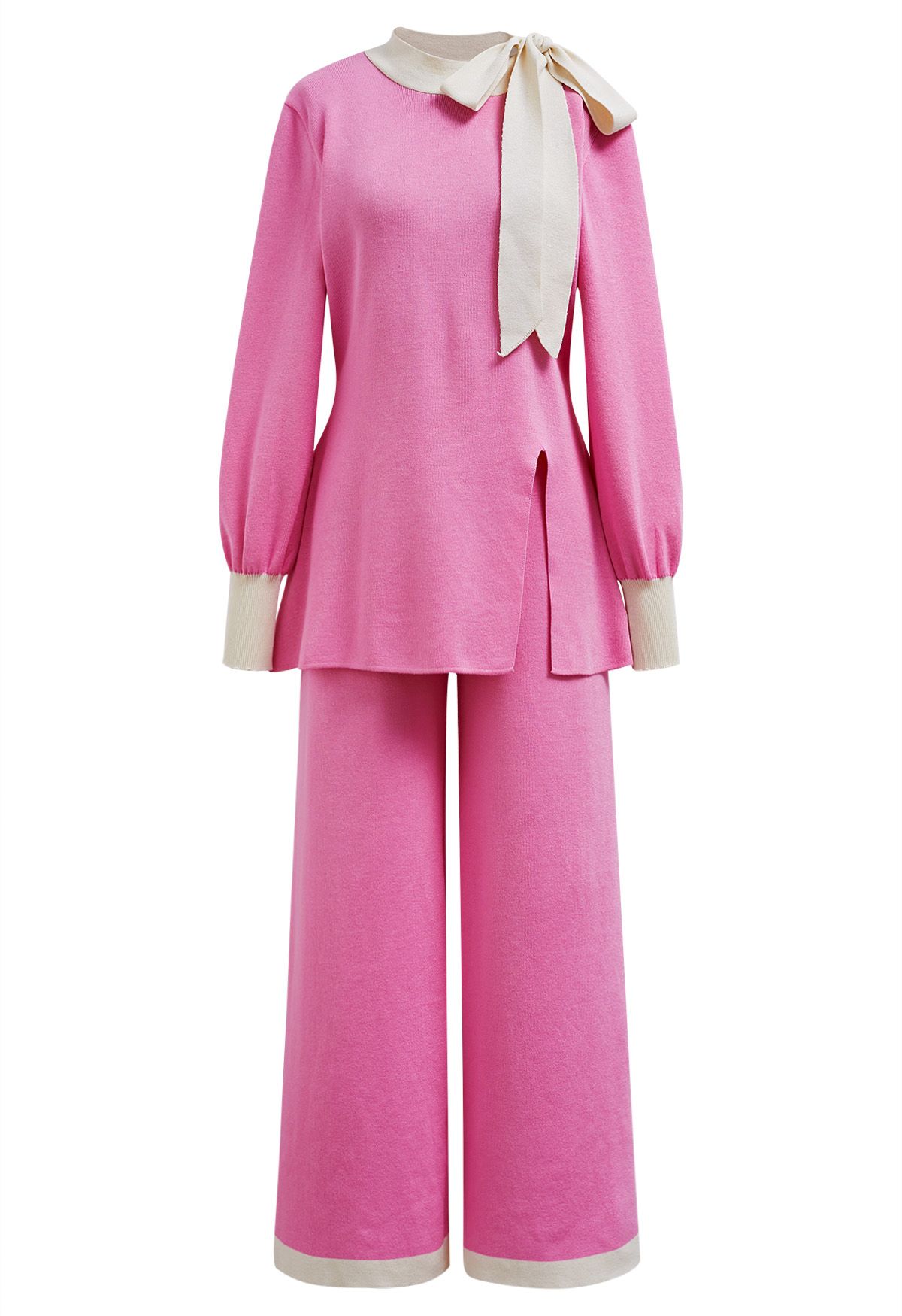 Contrast Edge Bowknot Knit Sweater and Pants Set in Candy Pink