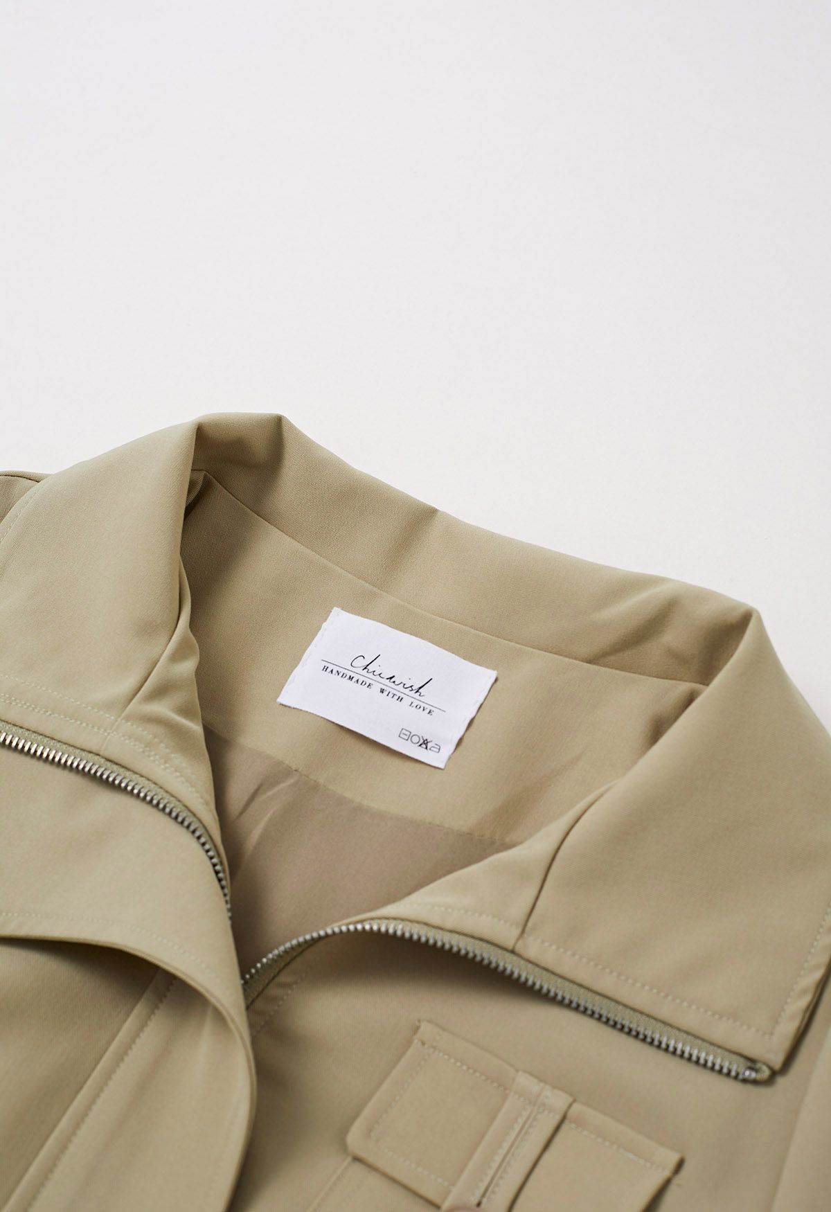 Outfitted Collared Flap Pocket Drawstring Trench Coat in Khaki