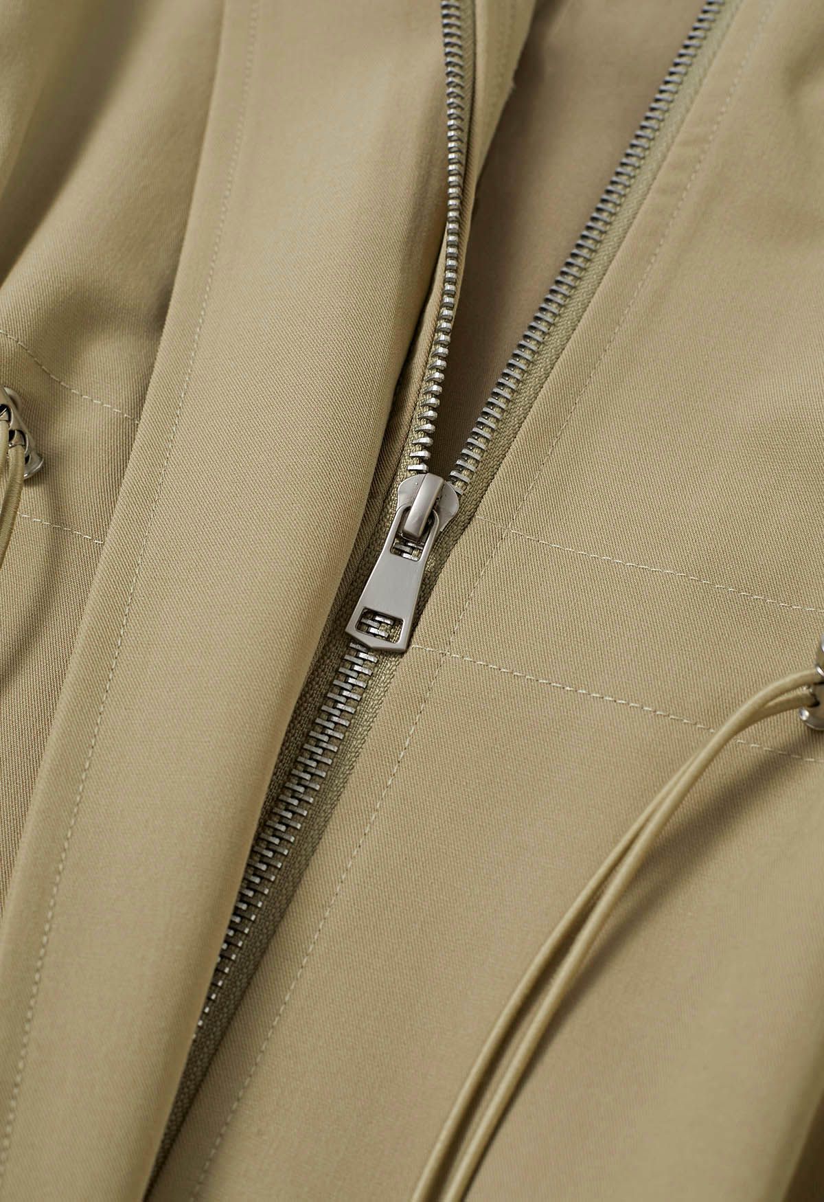 Outfitted Collared Flap Pocket Drawstring Trench Coat in Khaki