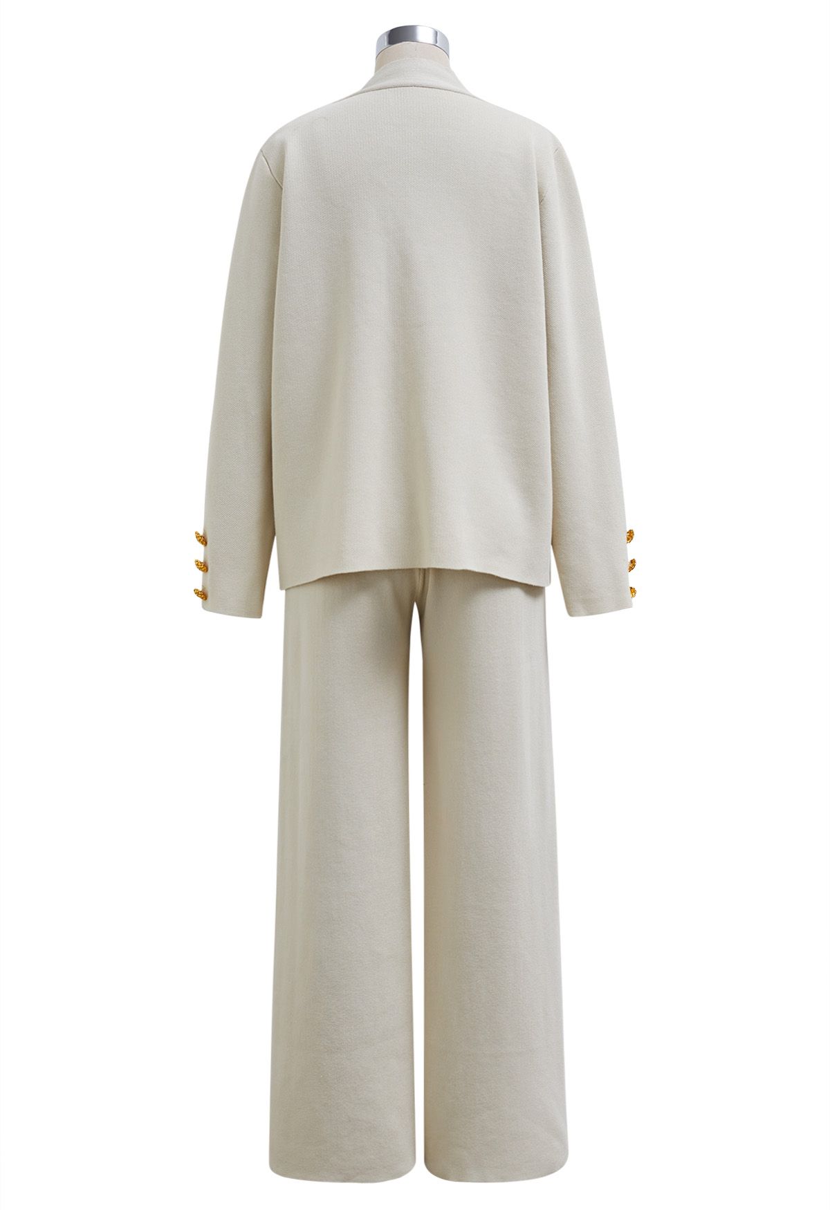 Golden Button Patch Pocket Knit Cardigan and Pants Set in Ivory