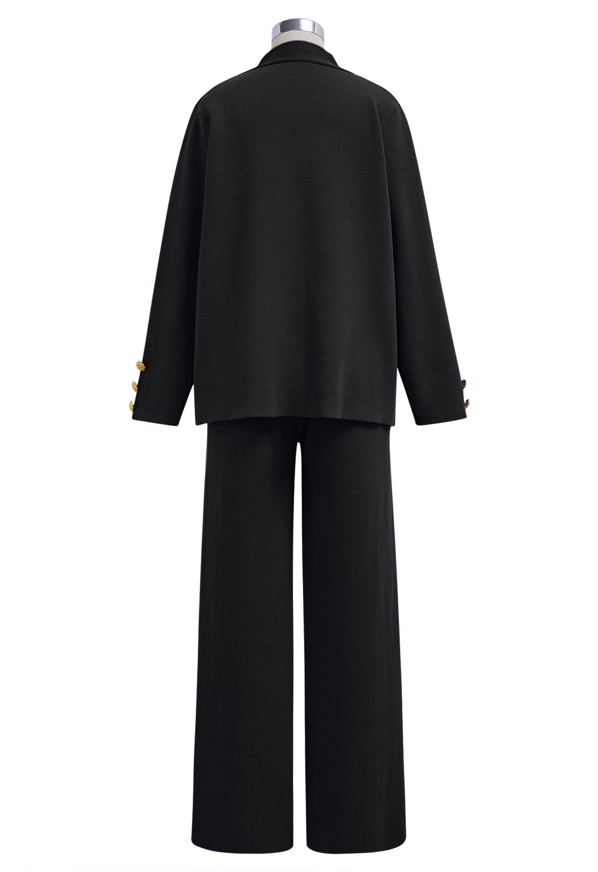 Golden Button Patch Pocket Knit Cardigan and Pants Set in Black