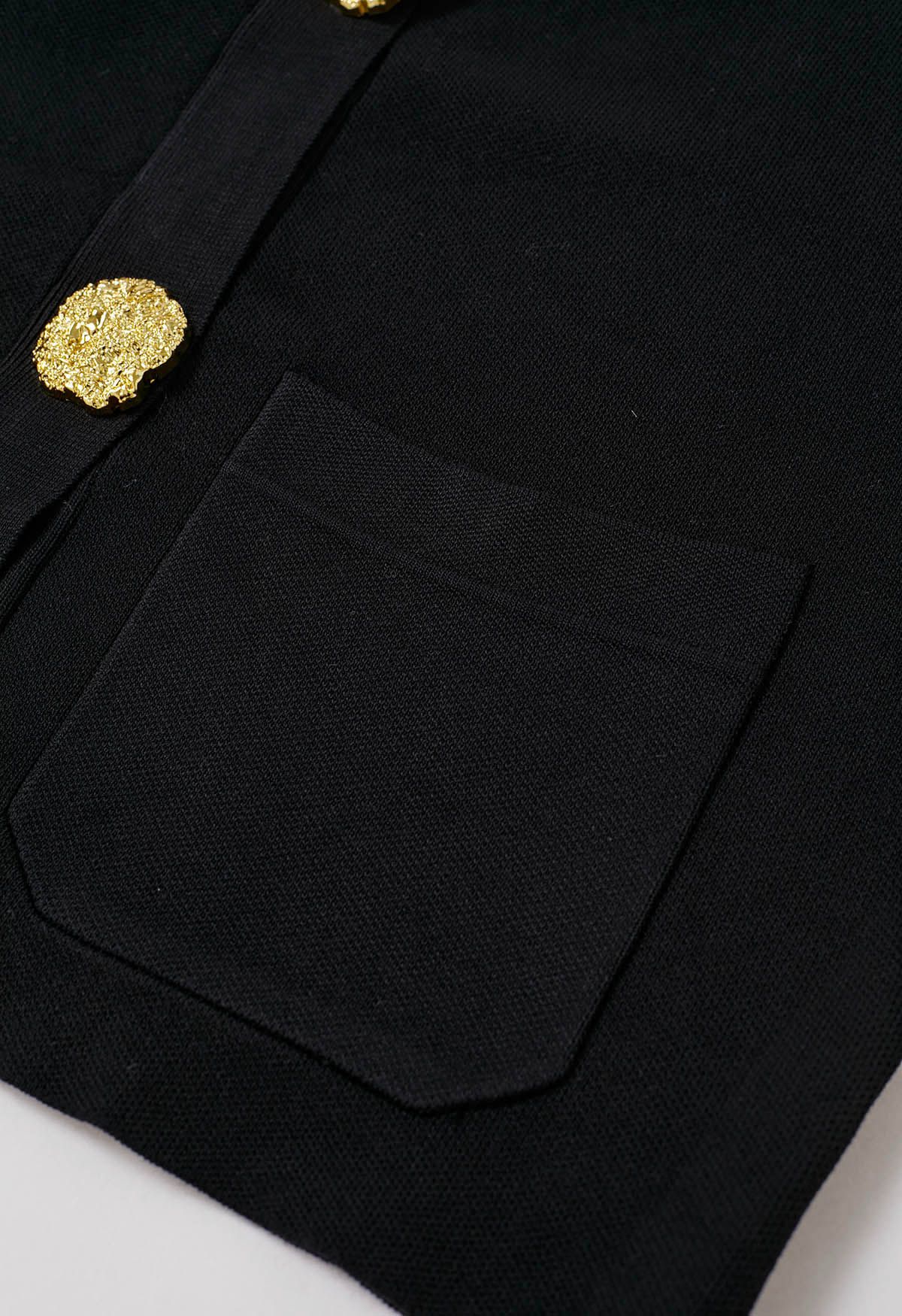 Golden Button Patch Pocket Knit Cardigan and Pants Set in Black