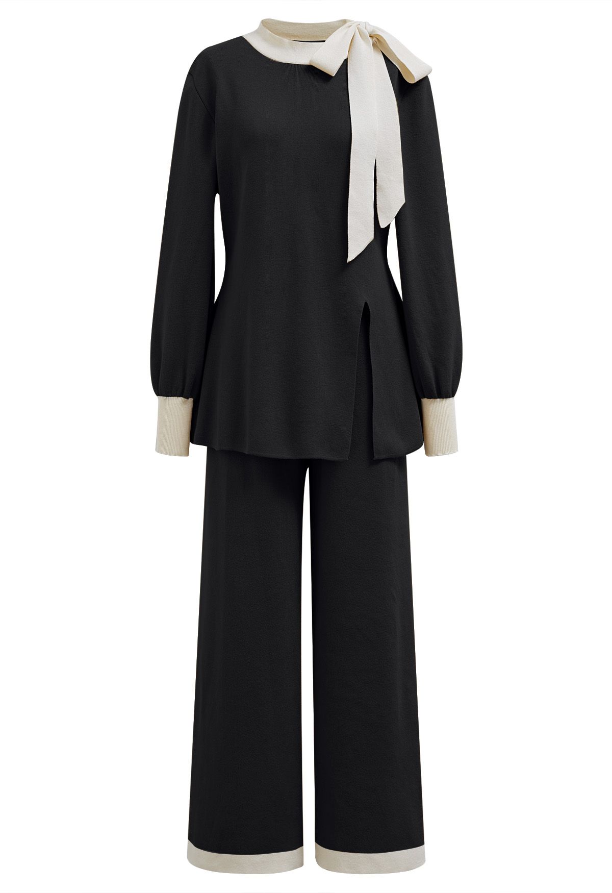 Contrast Edge Bowknot Knit Sweater and Pants Set in Black