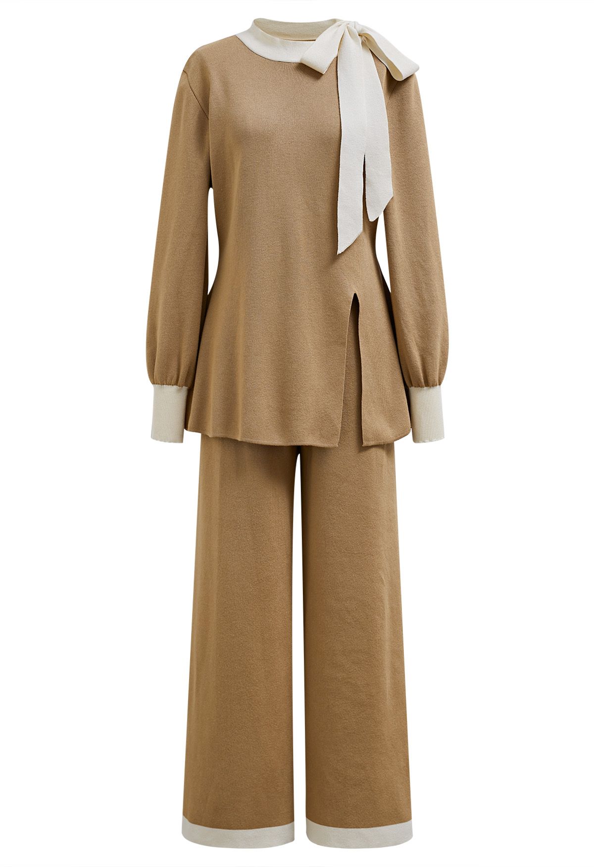 Contrast Edge Bowknot Knit Sweater and Pants Set in Camel