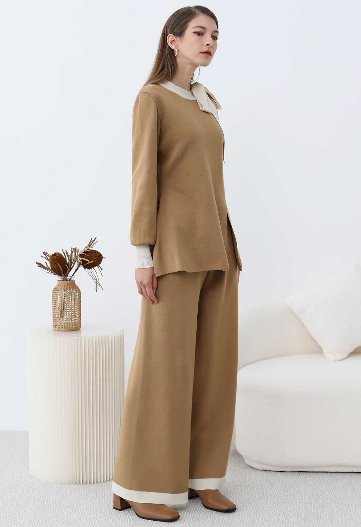 Contrast Edge Bowknot Knit Sweater and Pants Set in Camel