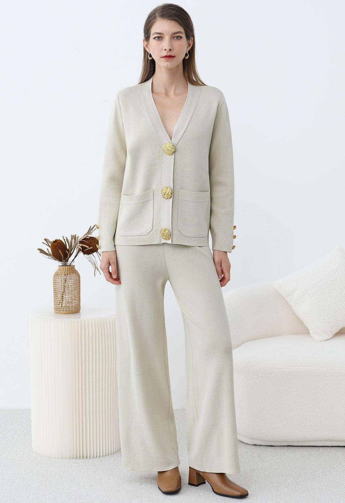 Golden Button Patch Pocket Knit Cardigan and Pants Set in Ivory