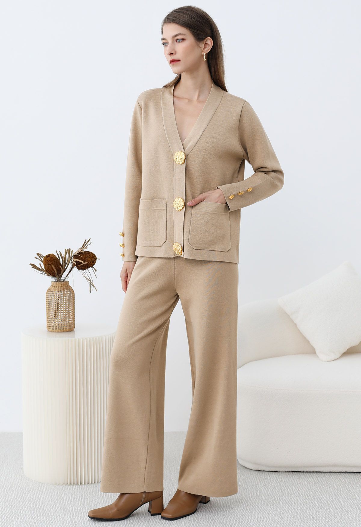 Golden Button Patch Pocket Knit Cardigan and Pants Set in Tan