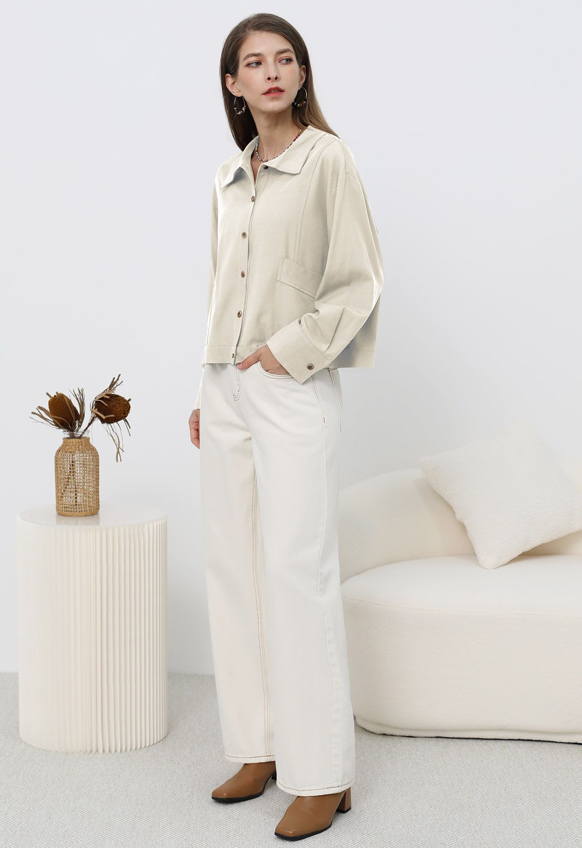 Minimalist Front Pocket Button Down Shirt in Ivory