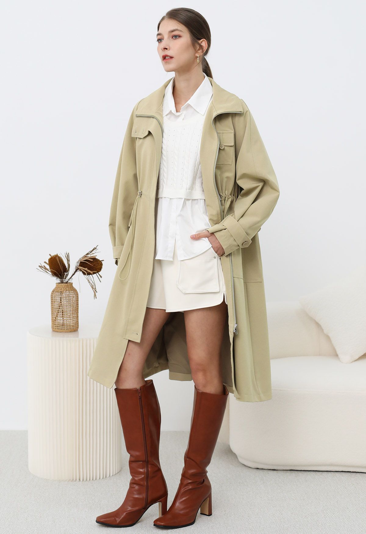 Outfitted Collared Flap Pocket Drawstring Trench Coat in Khaki