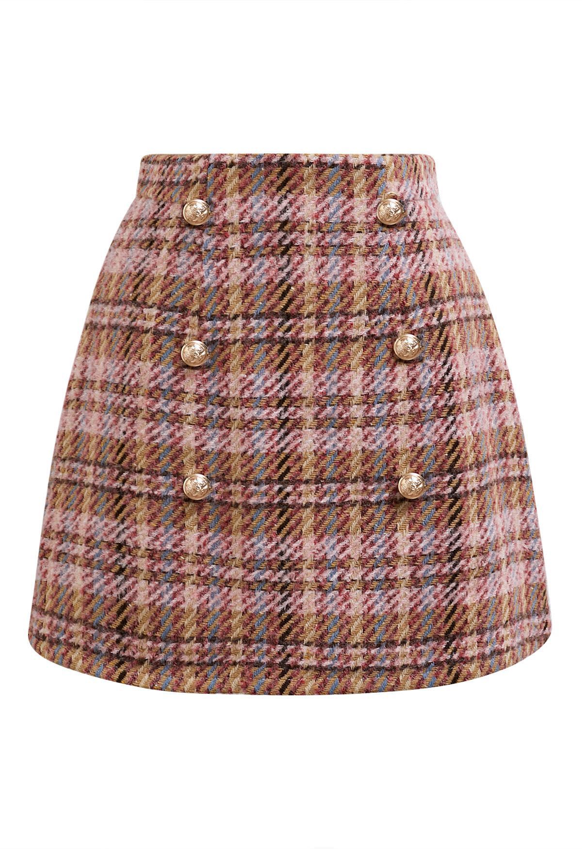 Golden Buttons Pink Plaid Wool-Blend Mini Skirt