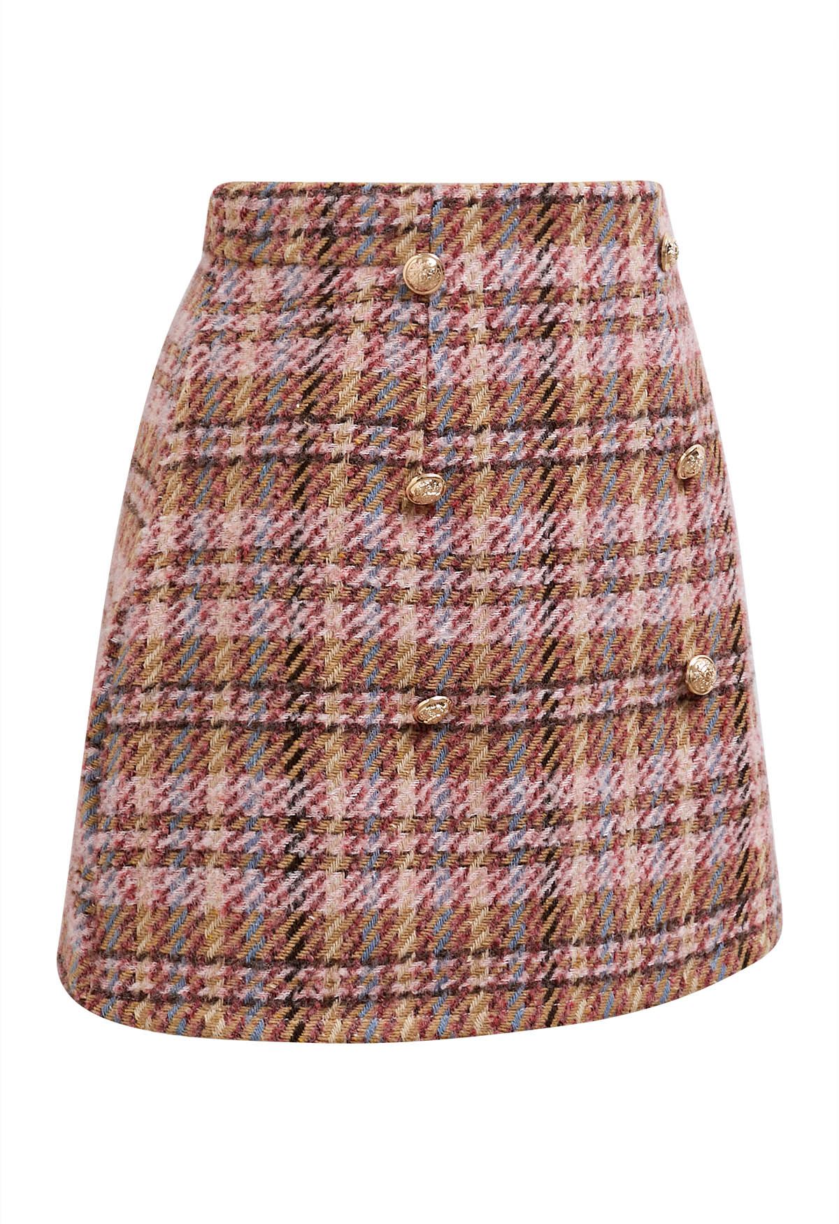 Golden Buttons Pink Plaid Wool-Blend Mini Skirt