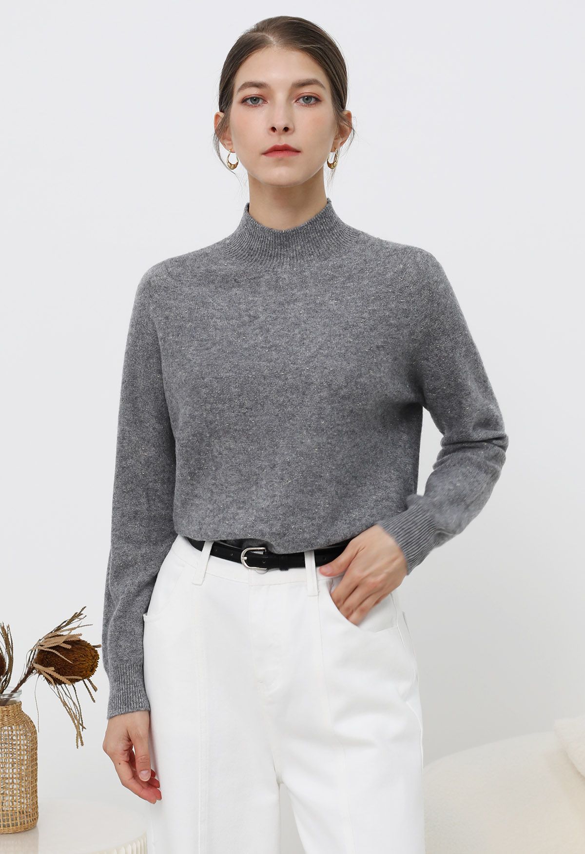 Integral Metallic Thread Mock Neck Wool Sweater in Smoke