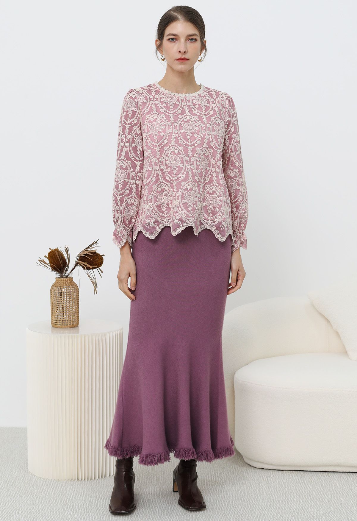 Embroidery Overlay Scalloped Long-Sleeve Top in Dusty Pink