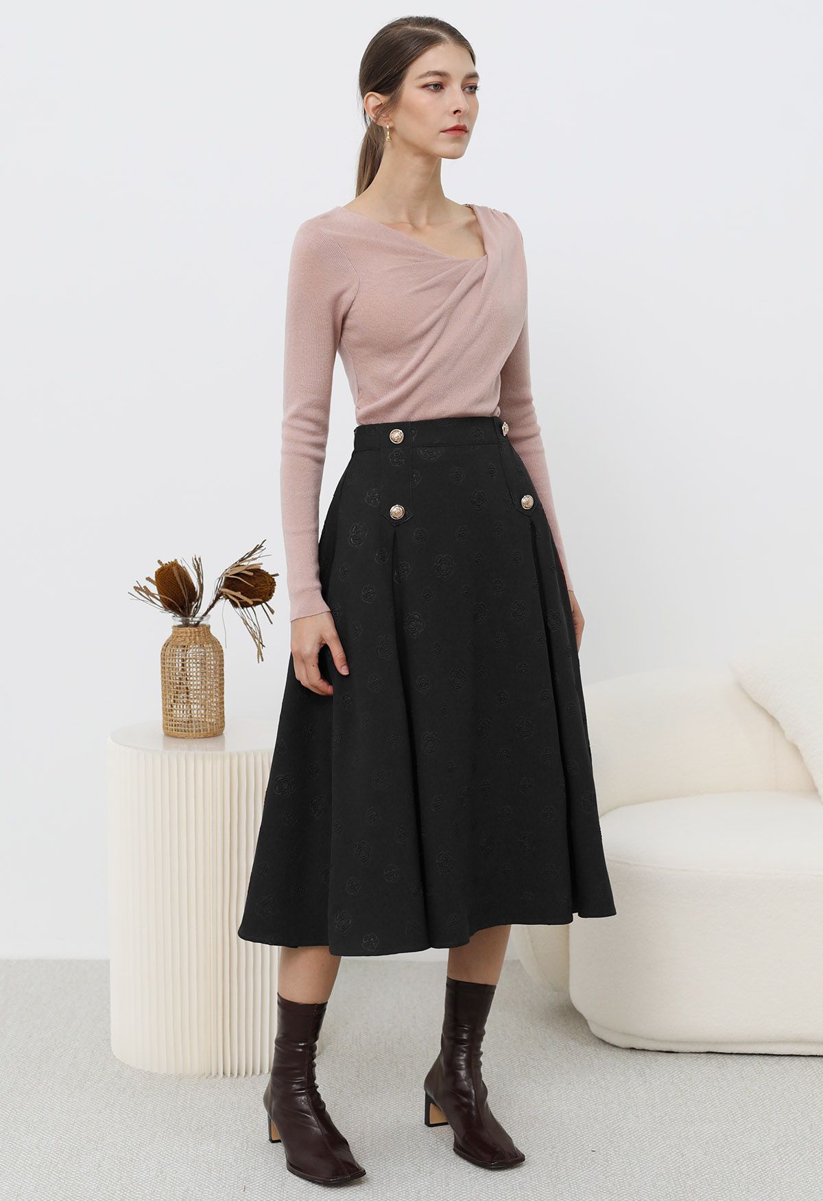 Embossed Rose A-Line Midi Skirt in Black