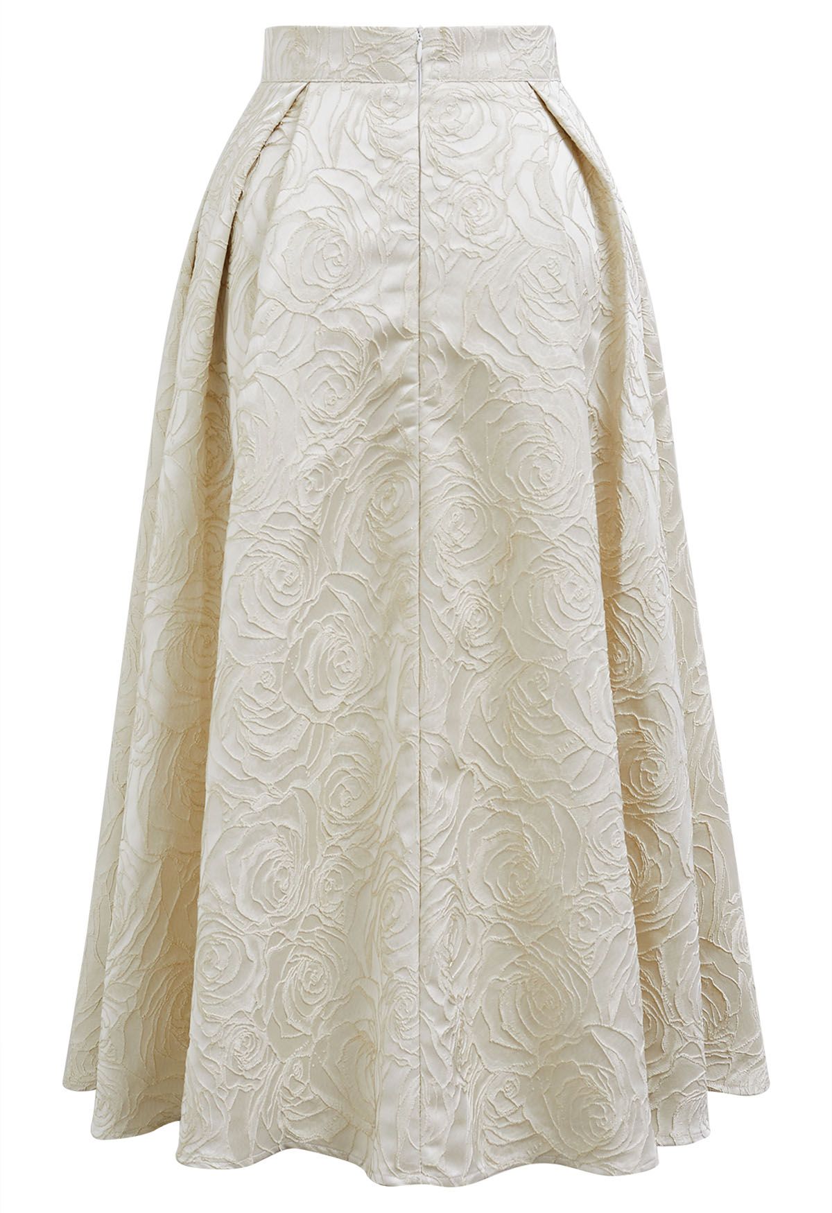 Delicate Roses Jacquard Embossed A-Line Midi Skirt in Ivory