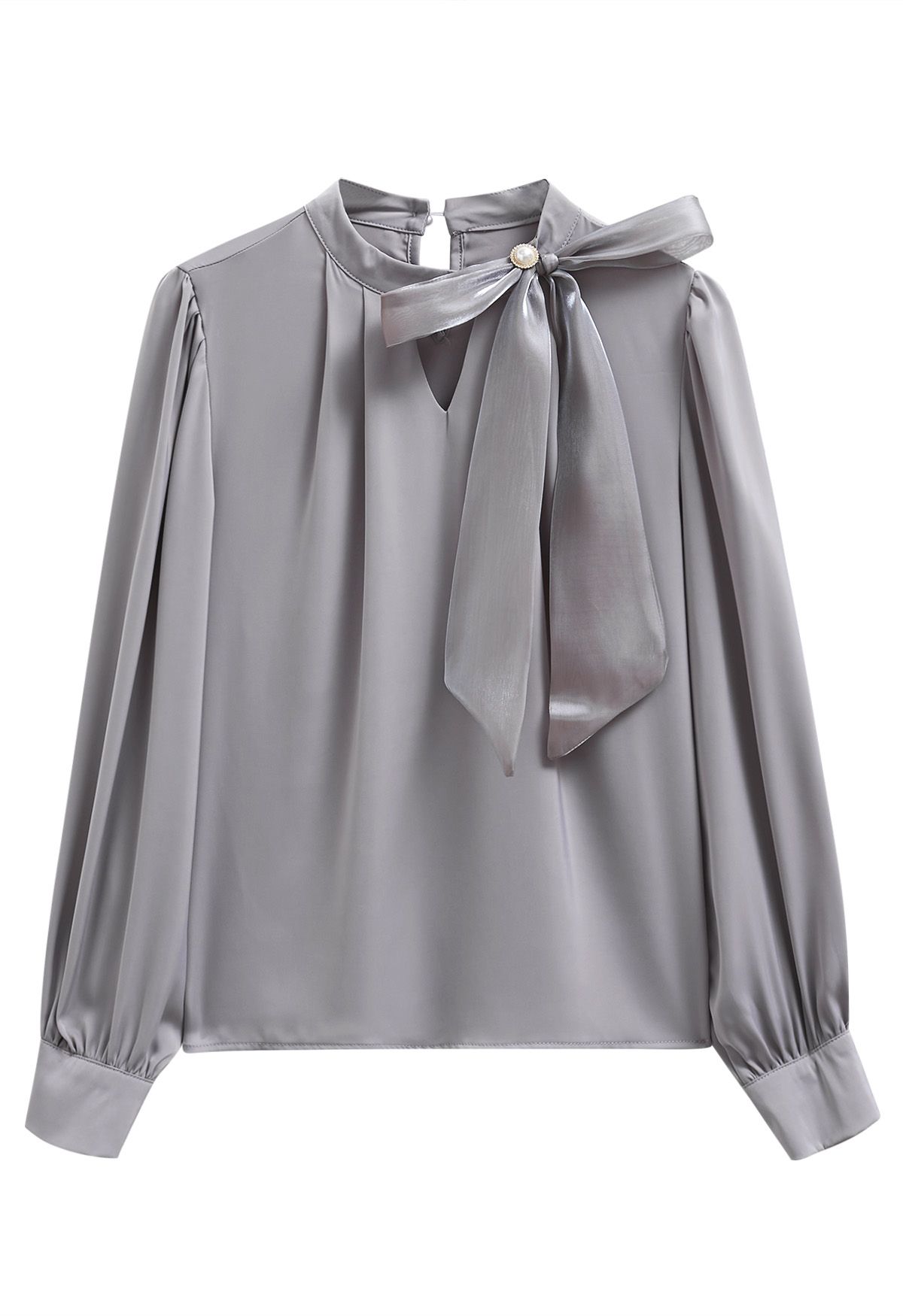 Pearly Organza Bowknot Satin Top in Grey