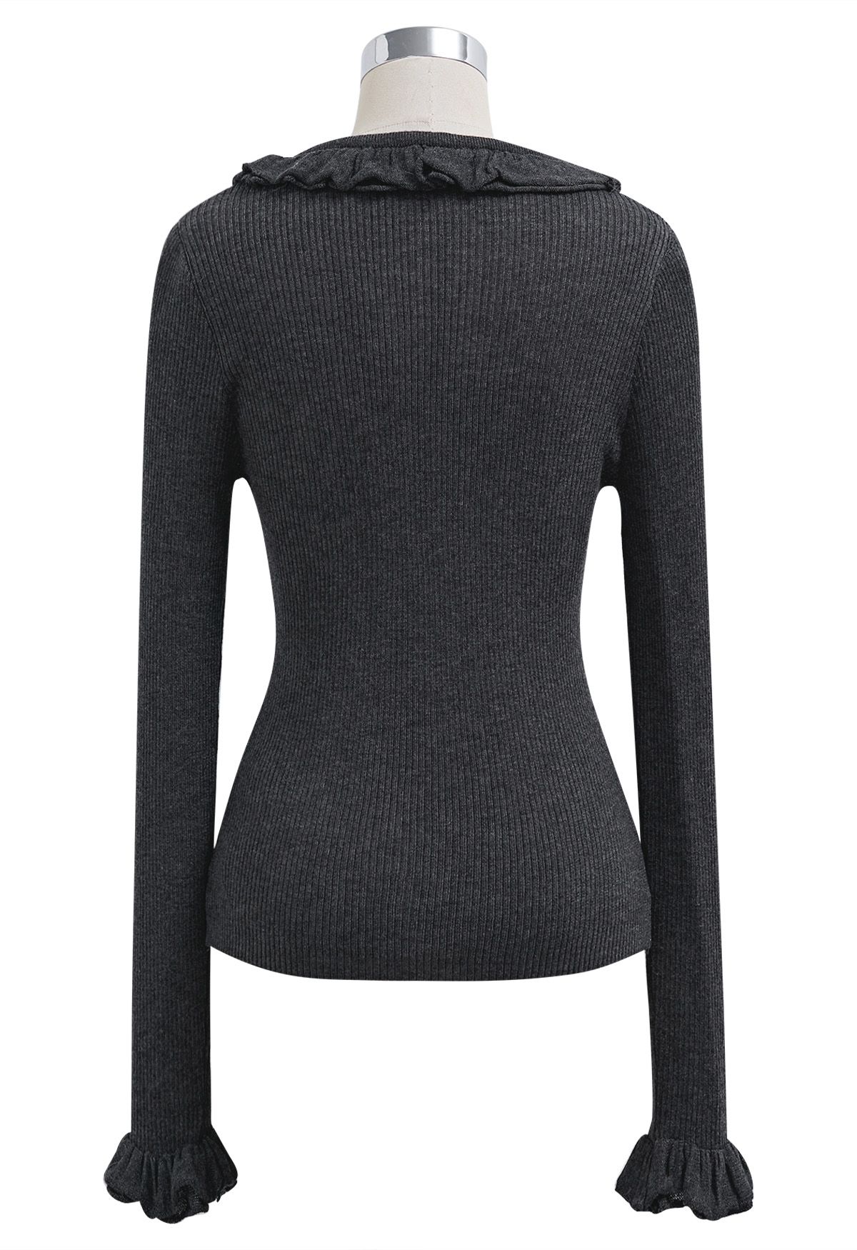 Ruffled Charm Long-Sleeve Ribbed Knit Top in Smoke