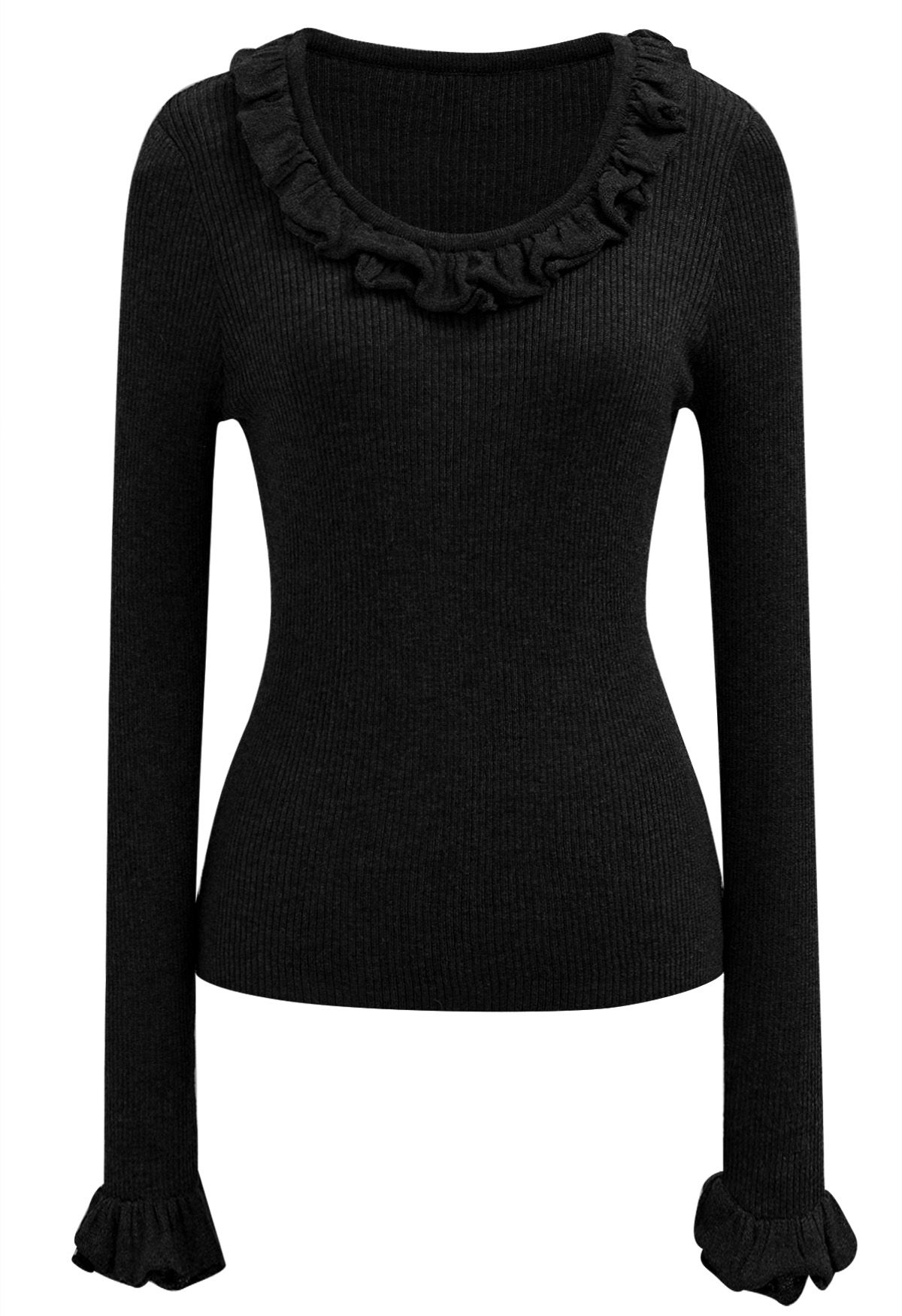 Ruffled Charm Long-Sleeve Ribbed Knit Top in Black