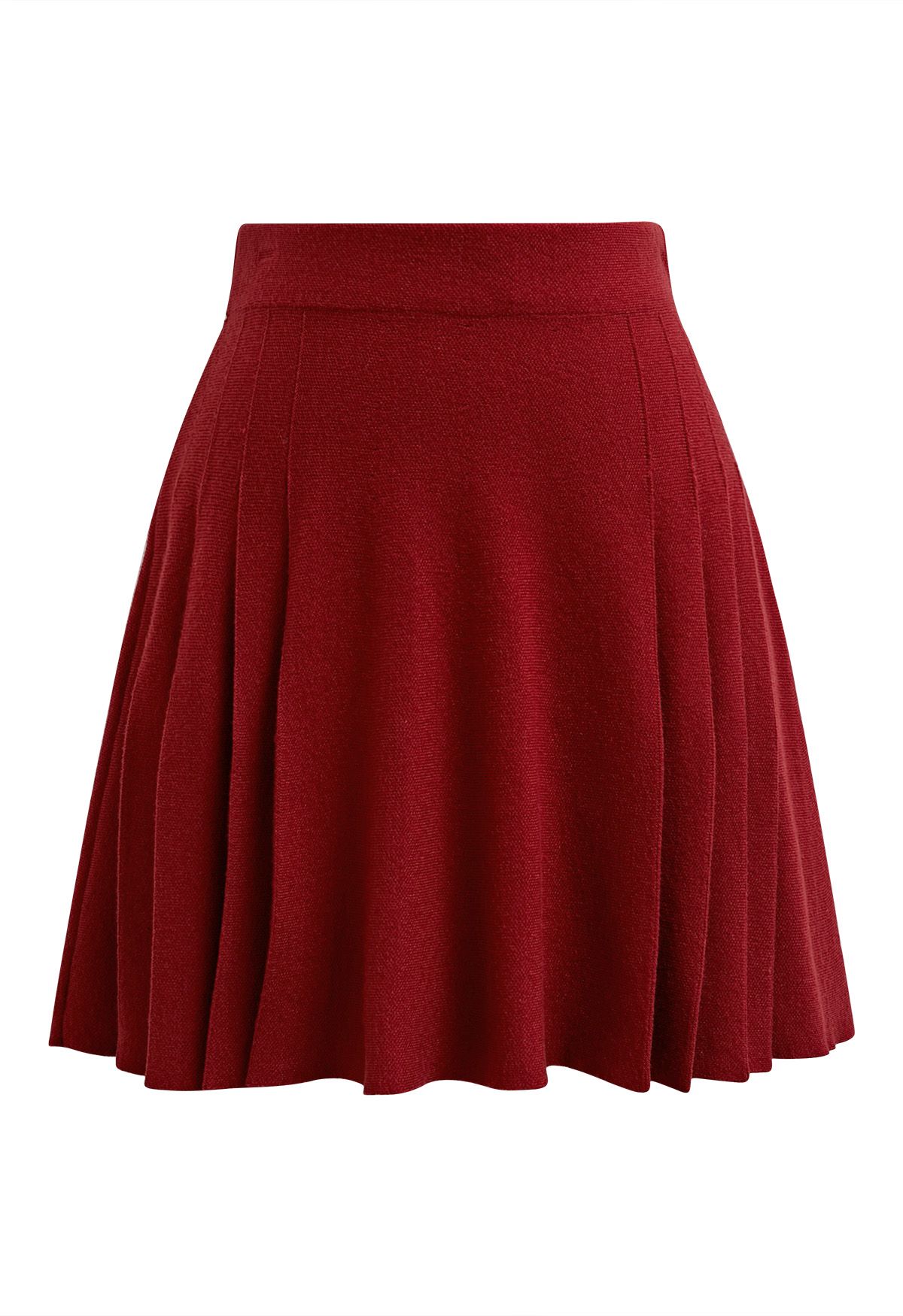 Side Pleats Knit Mini Skirt in Red