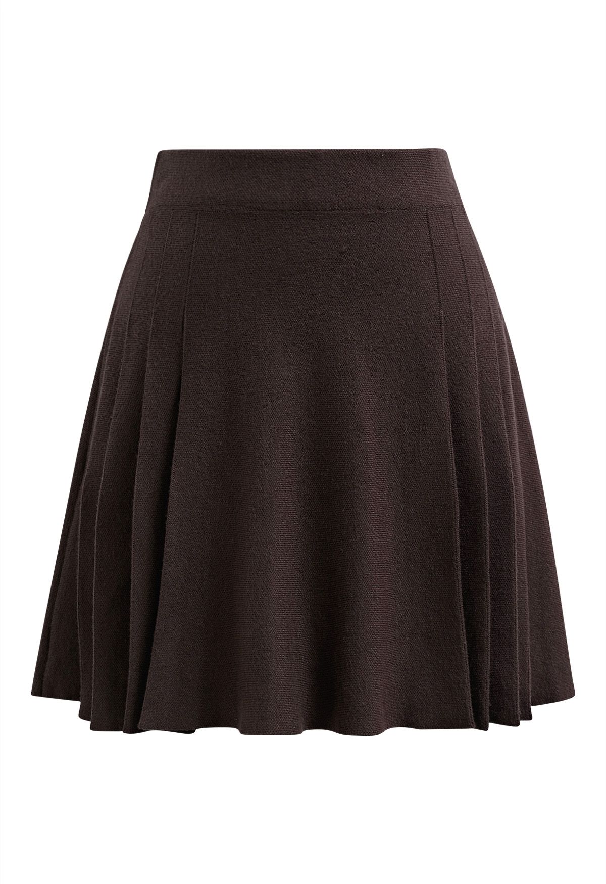 Side Pleats Knit Mini Skirt in Brown