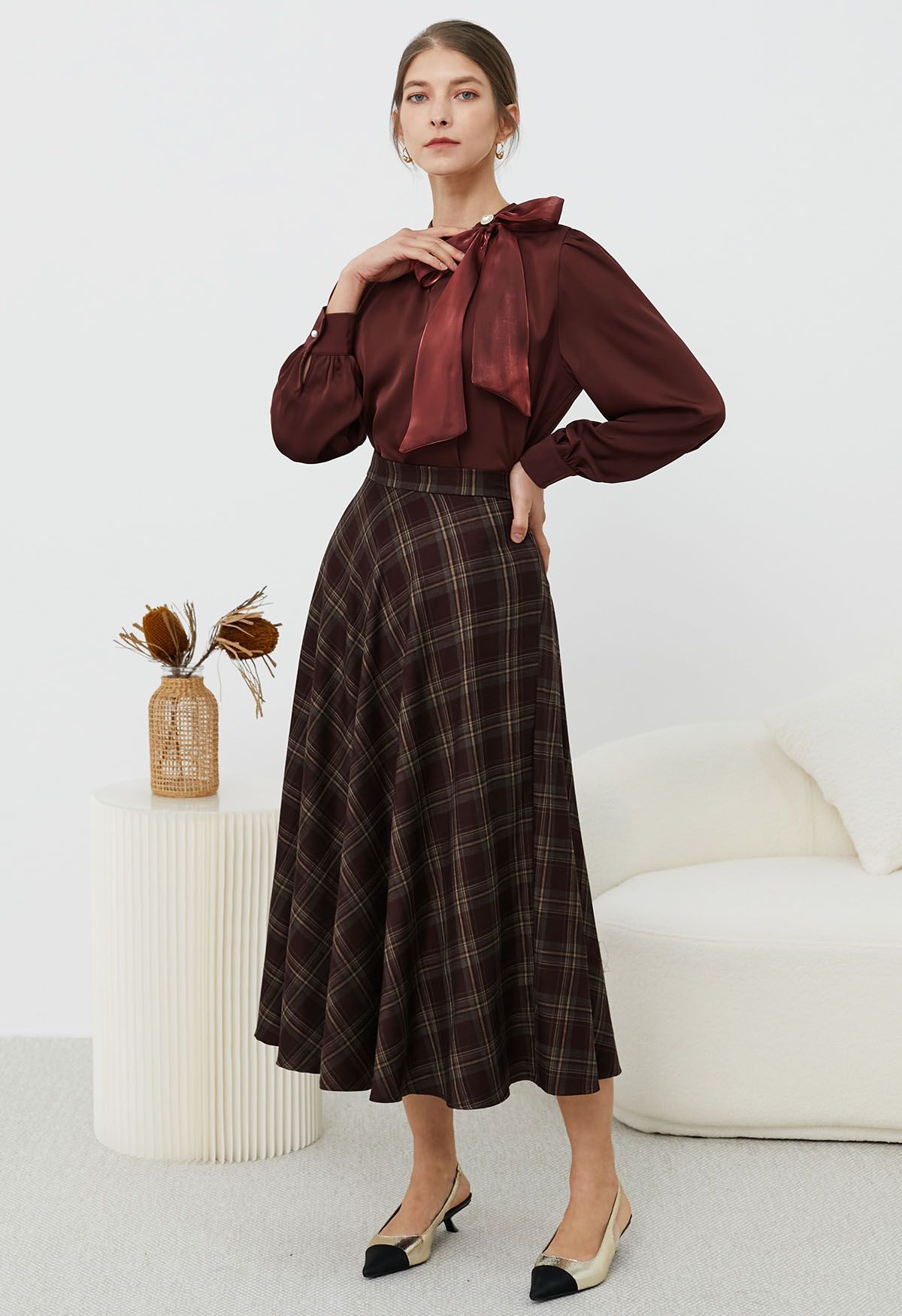 Plaid Charm Flare Midi Skirt in Burgundy