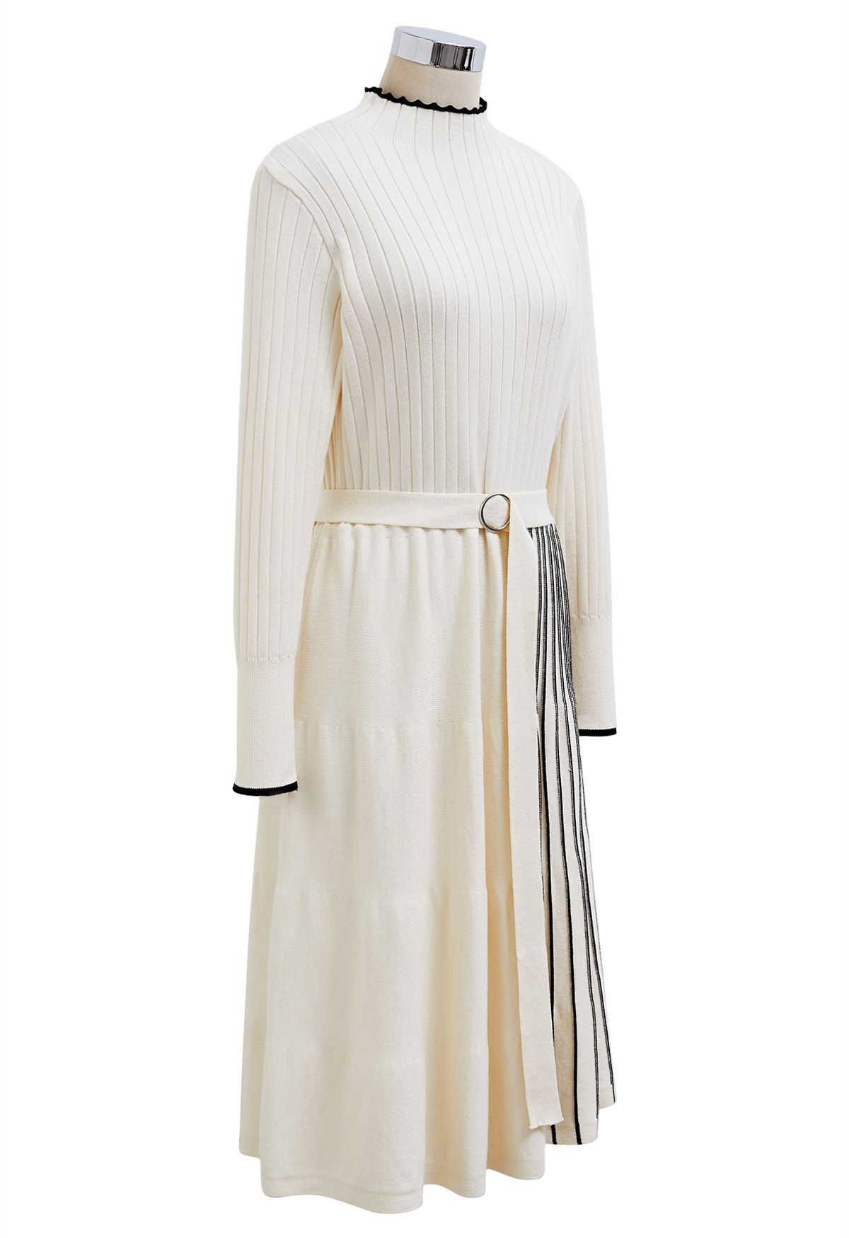 Inventive Contrast Striped Belted Ribbed Knit Dress in Cream