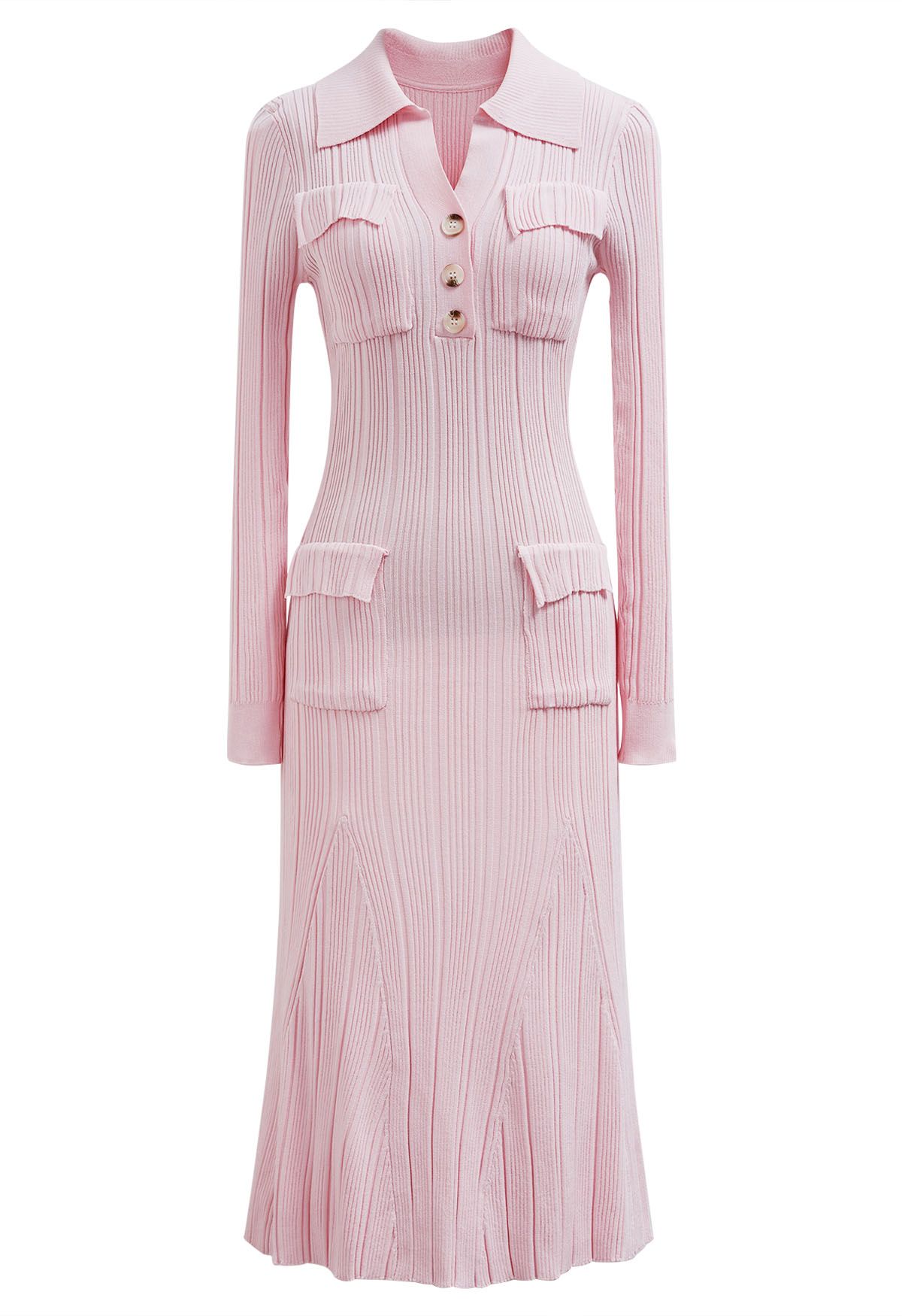 Relaxing Collared Flap Pocket Ribbed Knit Dress in Light Pink