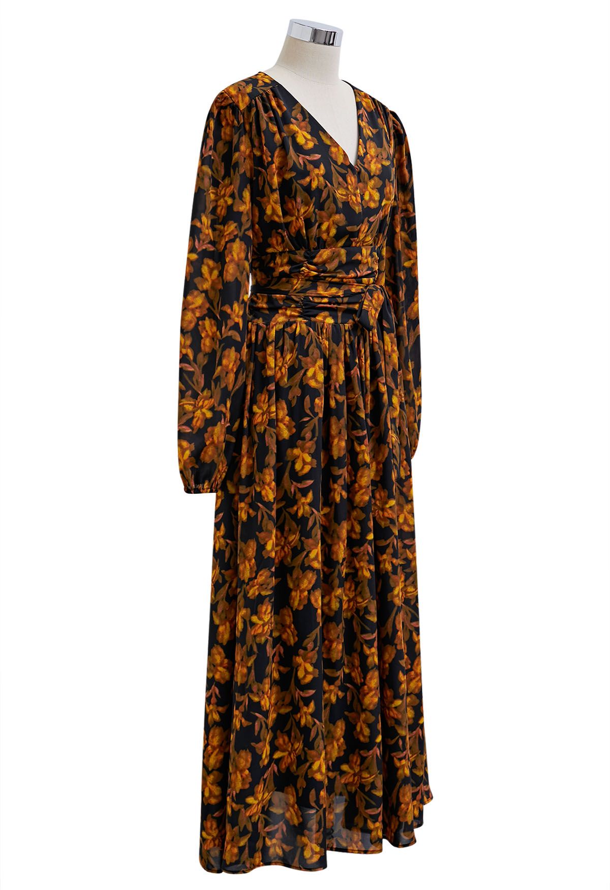 Floral Serenade V-Neck Chiffon Maxi Dress in Orange