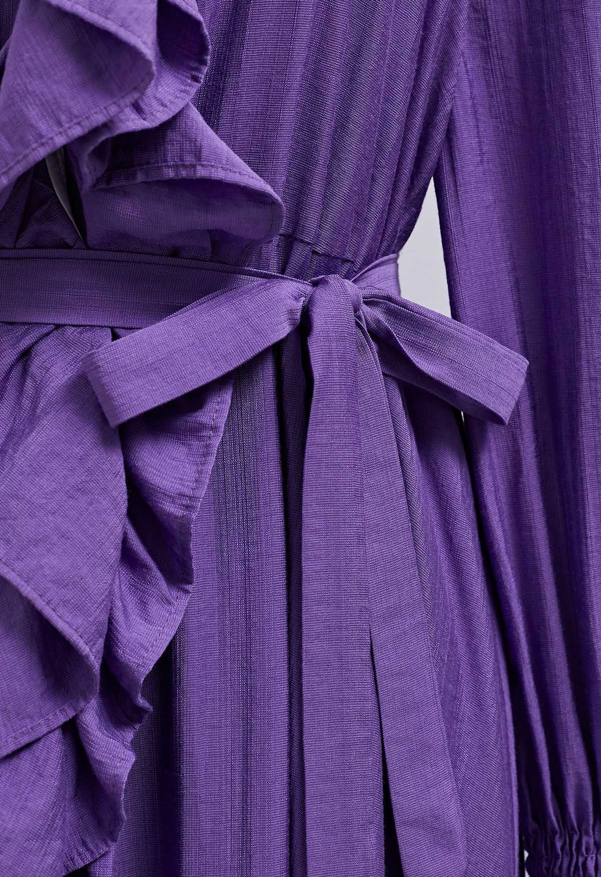 Whimsical Ruffle Asymmetric Button Down Midi Dress in Purple