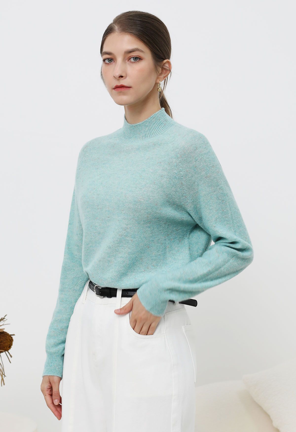 Integral Metallic Thread Mock Neck Wool Sweater in Mint