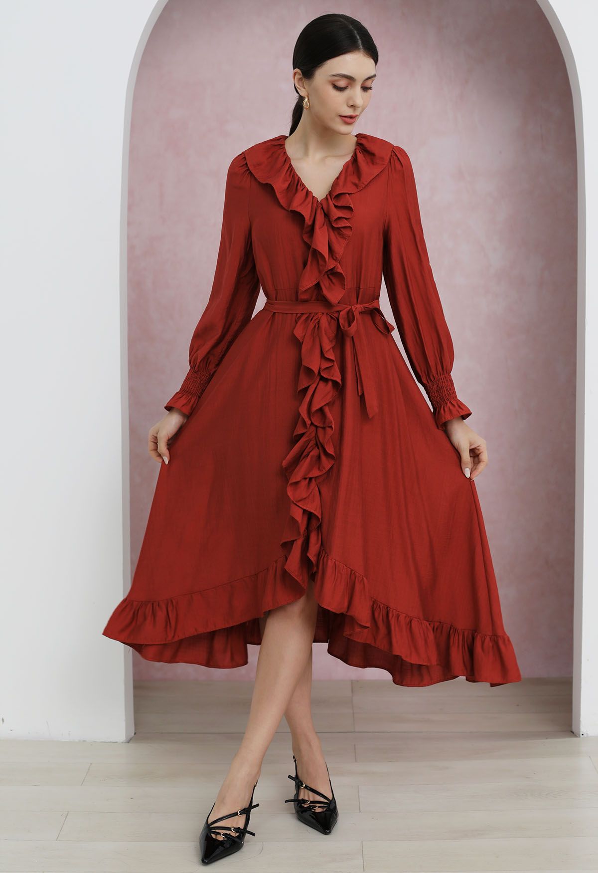 Whimsical Ruffle Asymmetric Button Down Midi Dress in Red