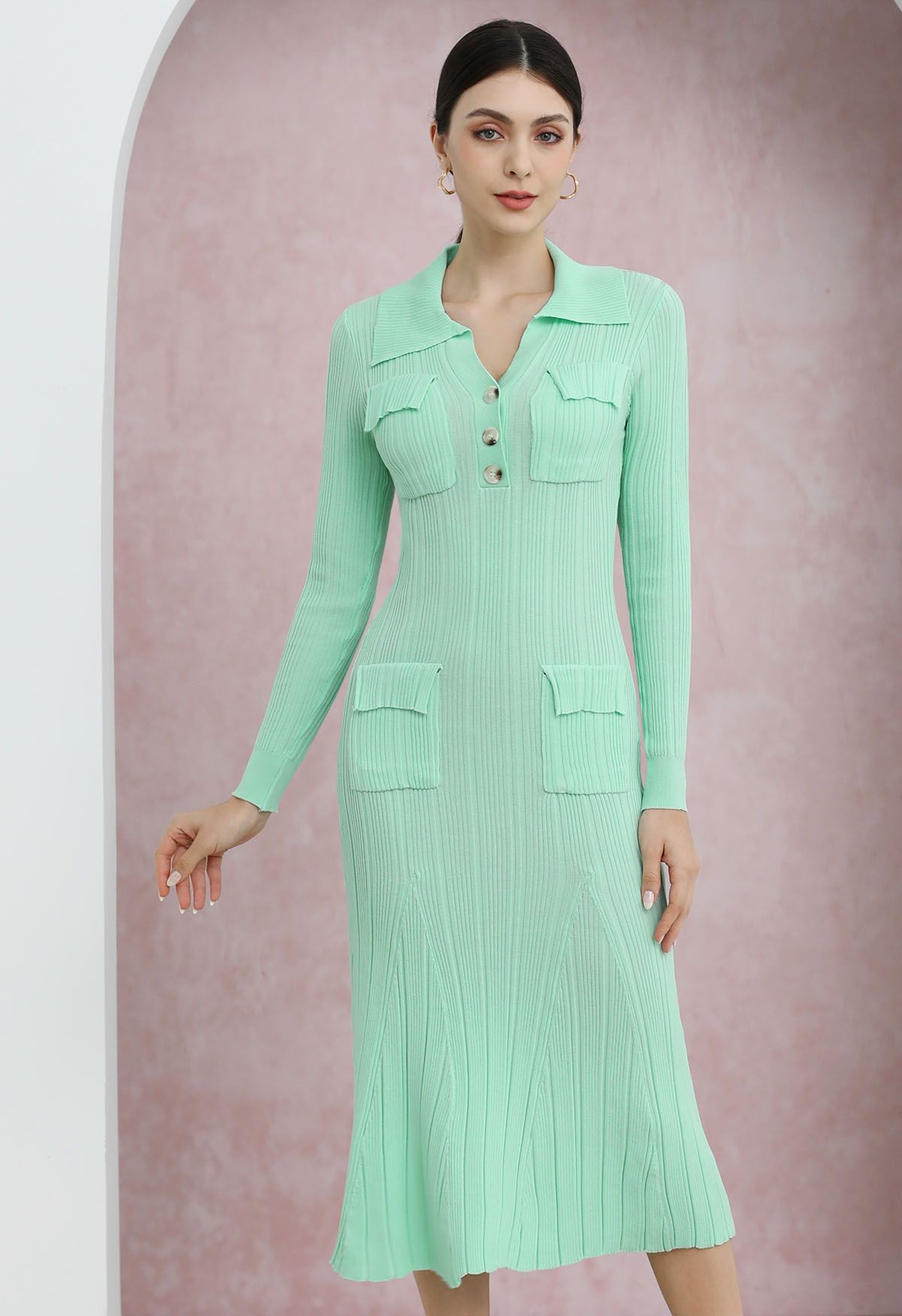 Relaxing Collared Flap Pocket Ribbed Knit Dress in Mint