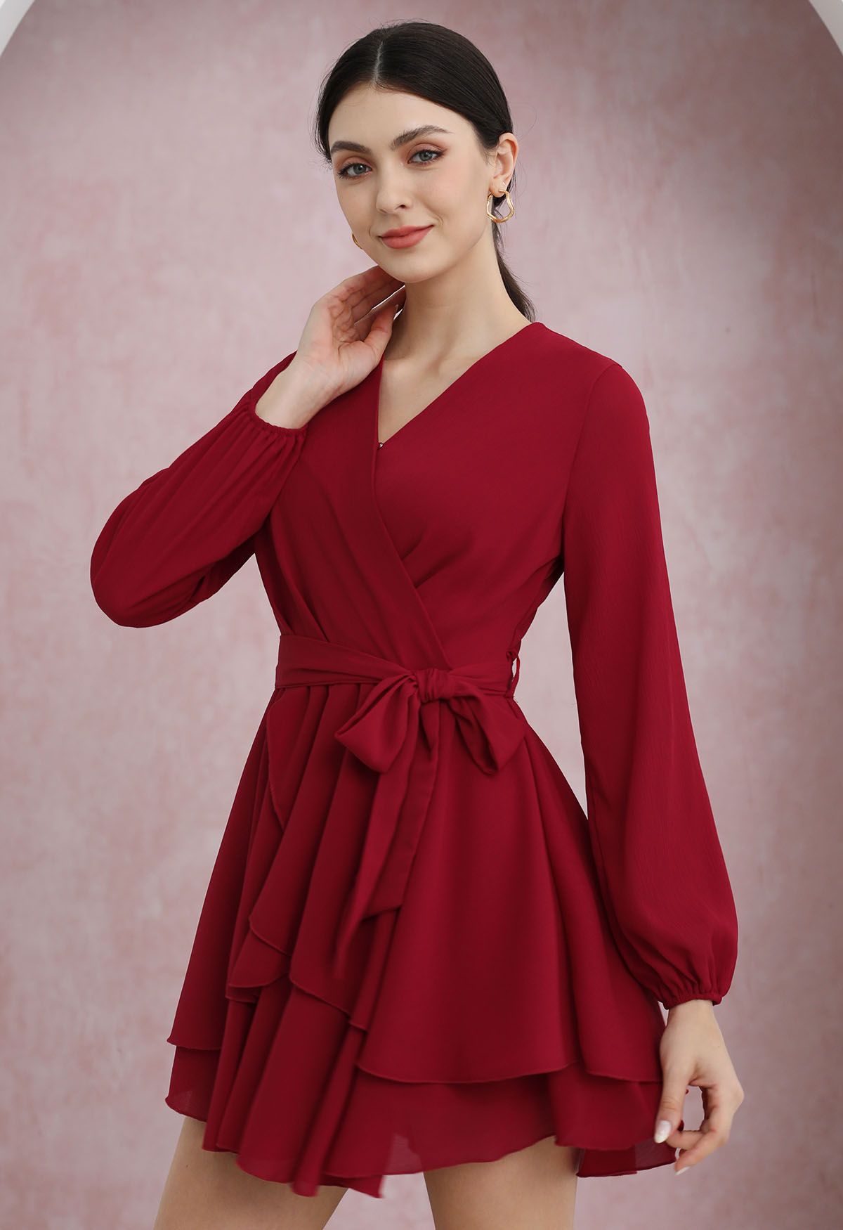 Lovable Tiered Ruffled V-Neck Wrapped Tie-Waist Mini Dress in Red