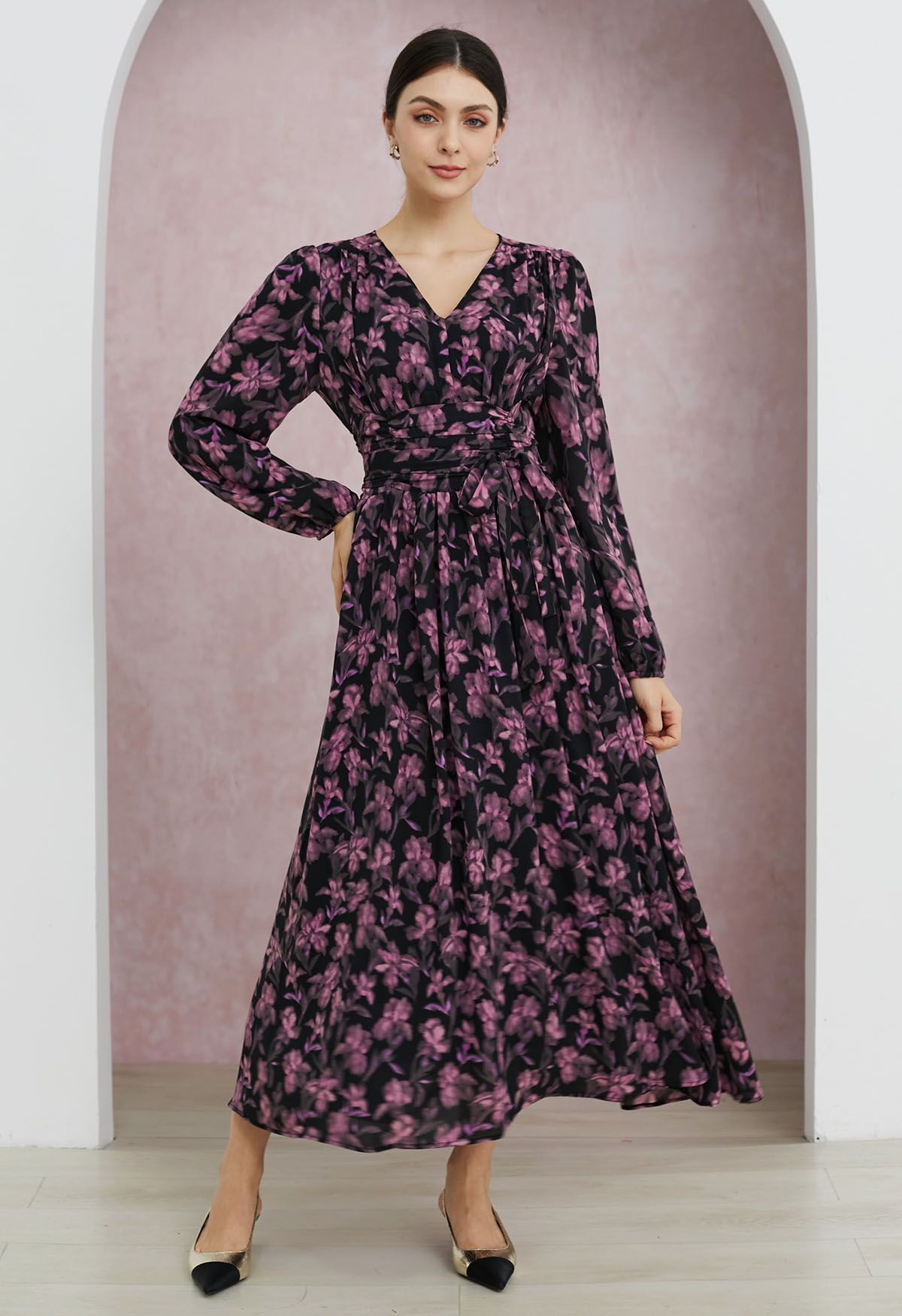 Floral Serenade V-Neck Chiffon Maxi Dress in Pink