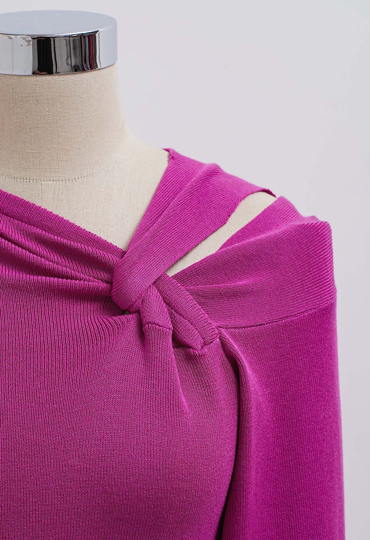 Knotted Shoulder Cutout Long-Sleeve Knit Top in Magenta